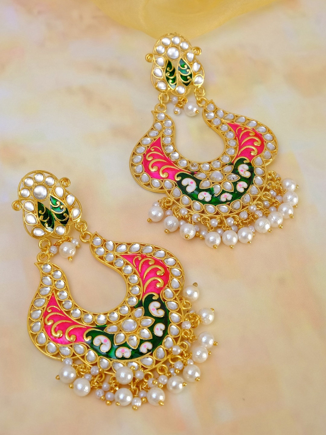 

Crunchy Fashion Gold-Toned & Pink Contemporary Chandbalis Earrings
