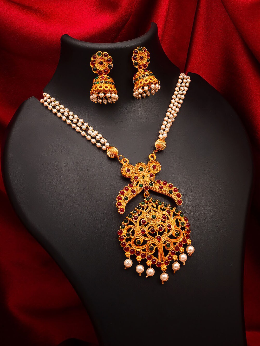 

aadita Women Gold-Plated & Red Pearls-Studded Jewellery Set