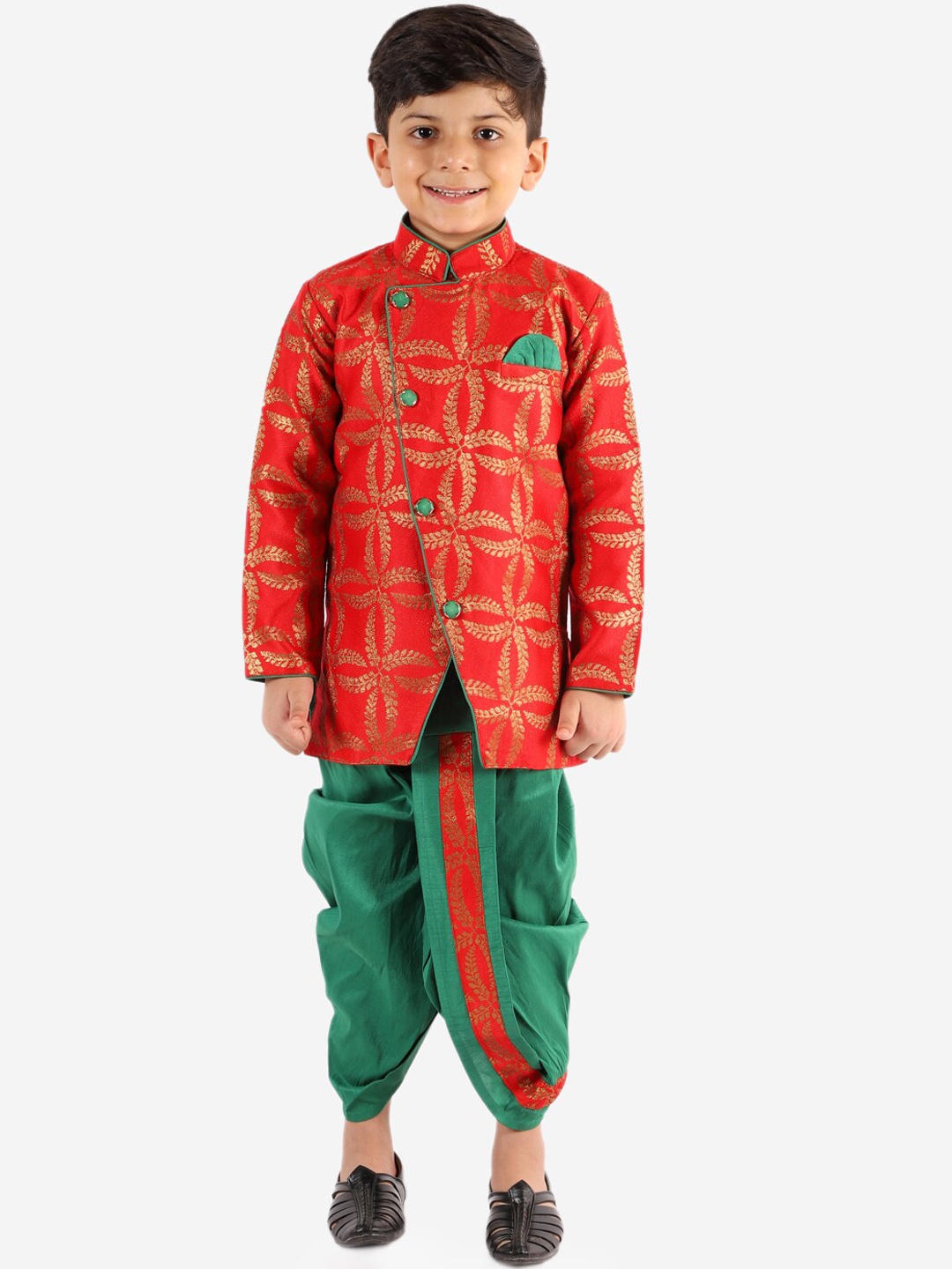 

KID1 Boys Red Printed Kurti with Dhoti Sherwani Set