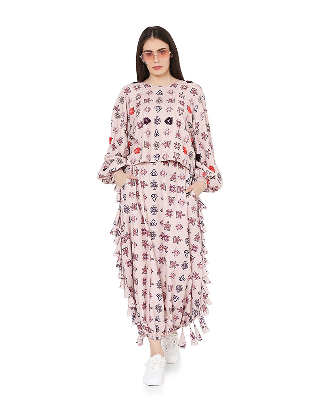 

PS PRET BY PAYAL SINGHAL Women Pink & Blue Printed Top with Skirt