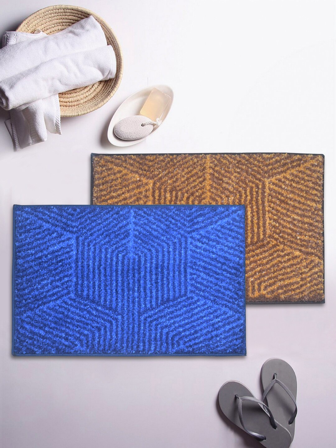 

BIANCA Set Of 2 Textured 1850 GSM Microfibre Anti-Skid Bath Rugs, Blue