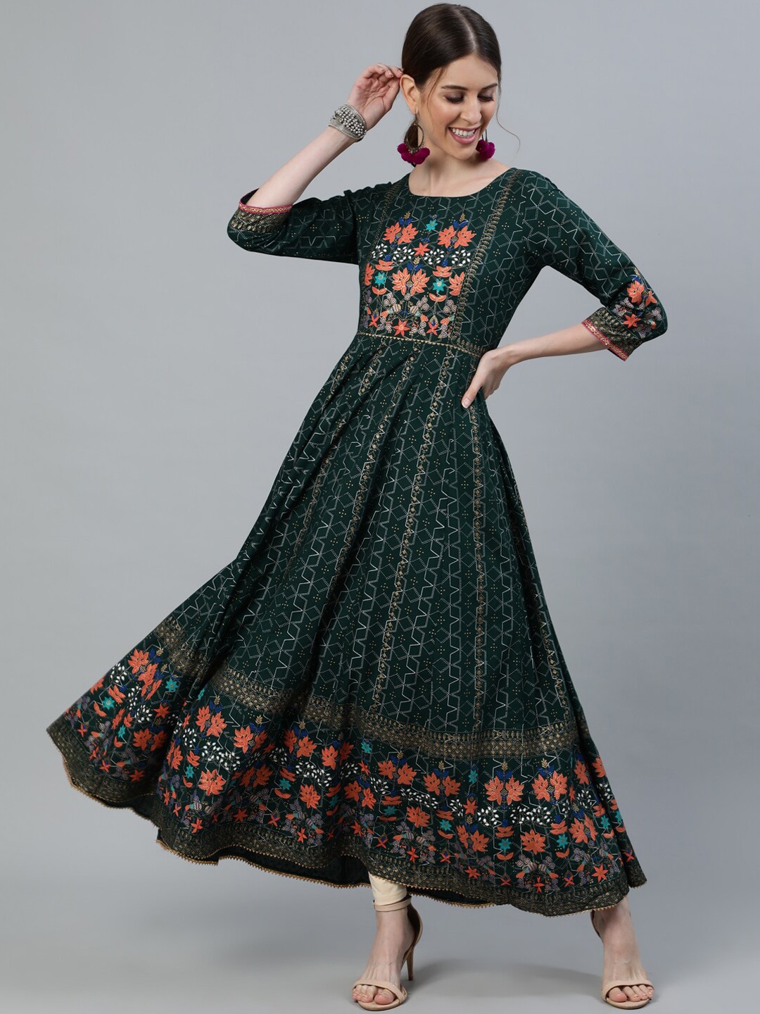 

Jaipur Kurti Women Green Geometric Printed Anarkali Kurta