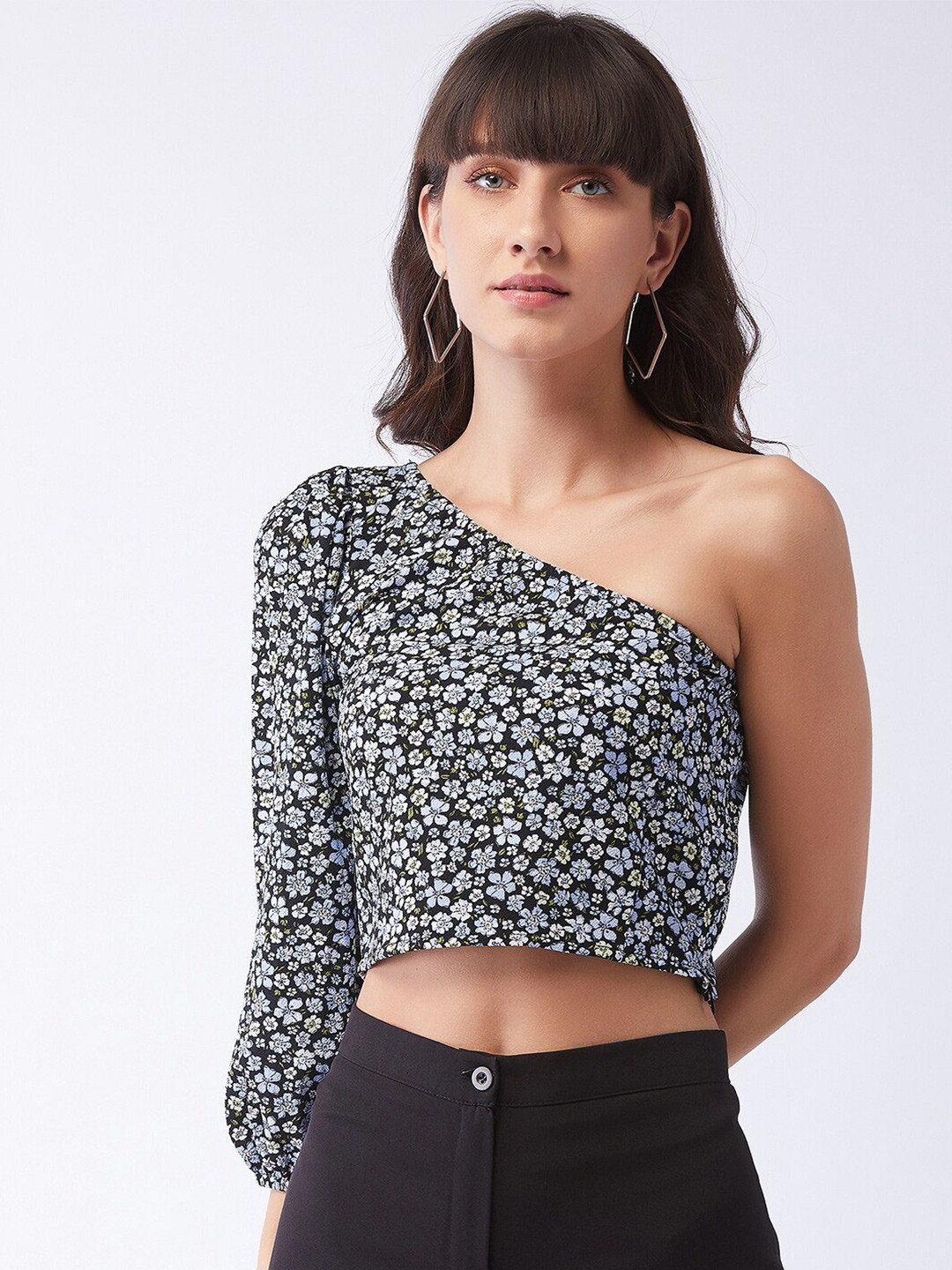 

MAGRE Black Floral One Shoulder Puff Sleeve Crop Top