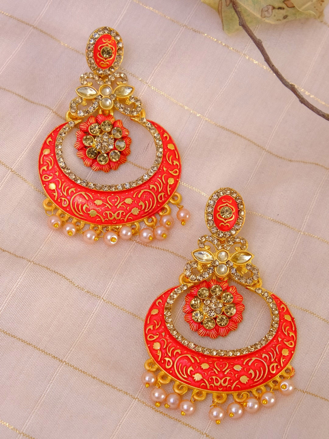 

Crunchy Fashion Women Orange Gold-Toned Kundan Studded Meenakari Chandbali Earrings