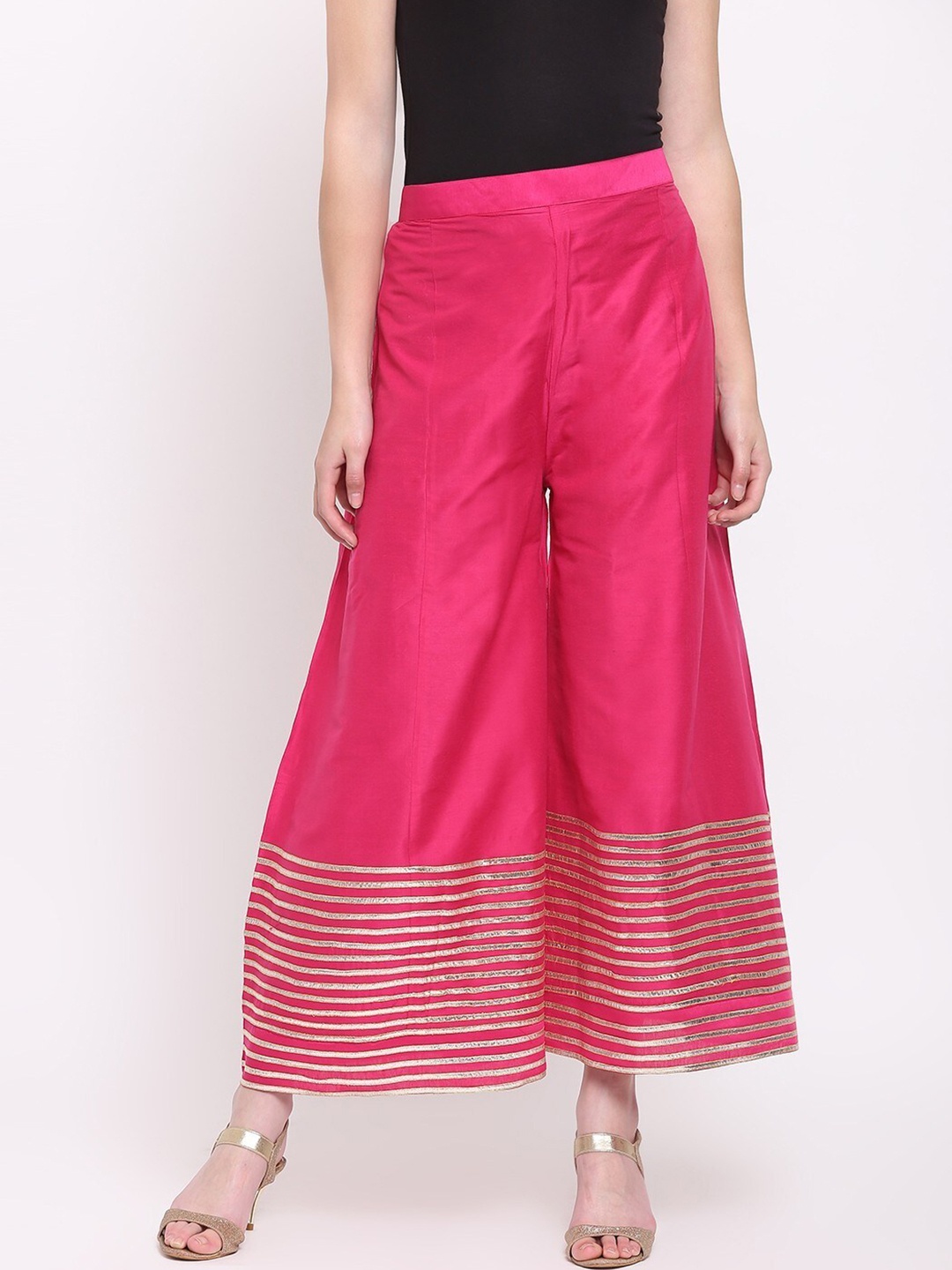 

RIVI Women Pink & Golden Gotta Patti Striped Hem Design Wide Leg Ethnic Palazzos