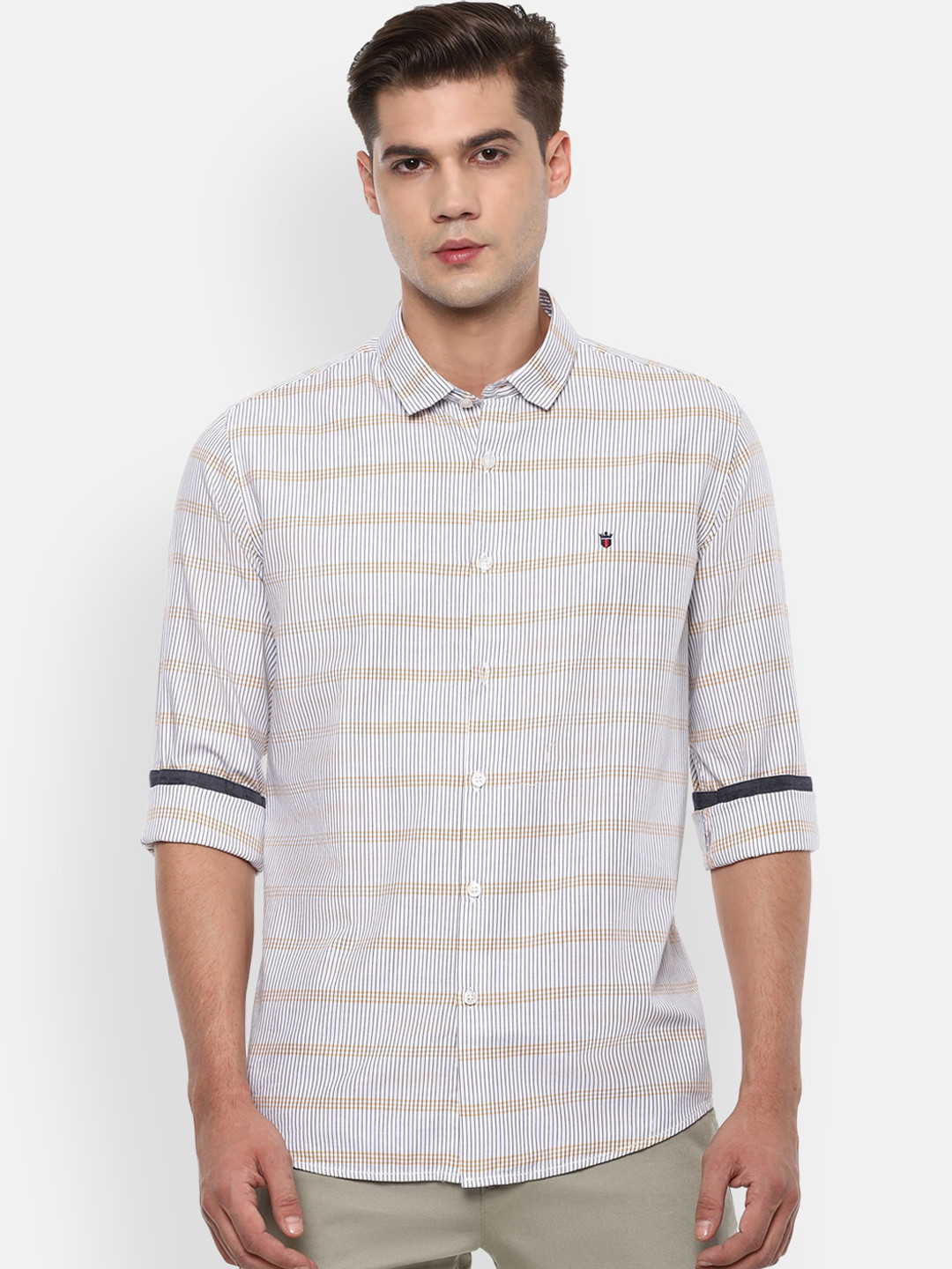 

Louis Philippe Jeans Men White Pure Cotton Slim Fit Striped Casual Shirt