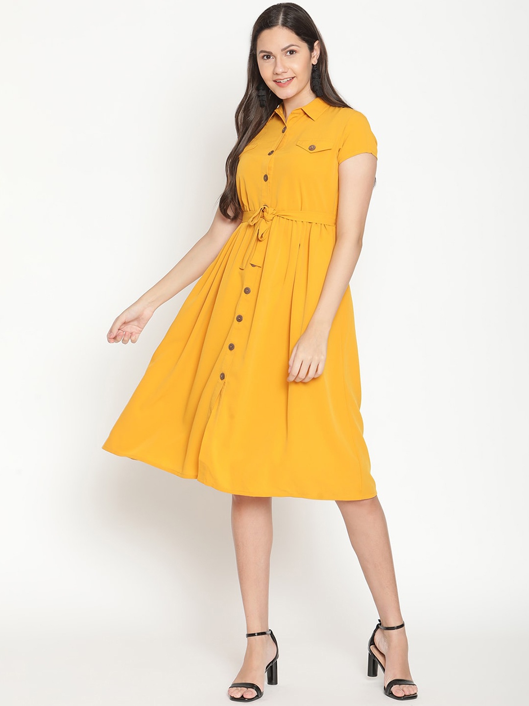 

THREAD MUSTER Women Mustard Yellow Crepe Shirt Dress