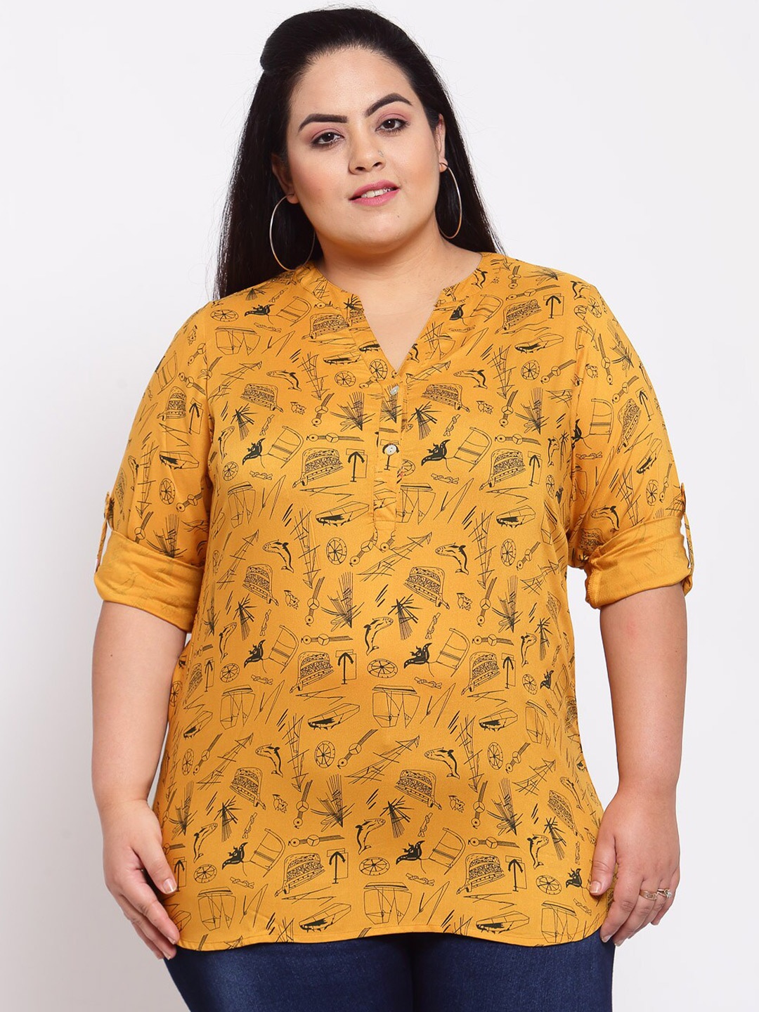 

plusS Mustard Yellow Mandarin Collar Regular Top