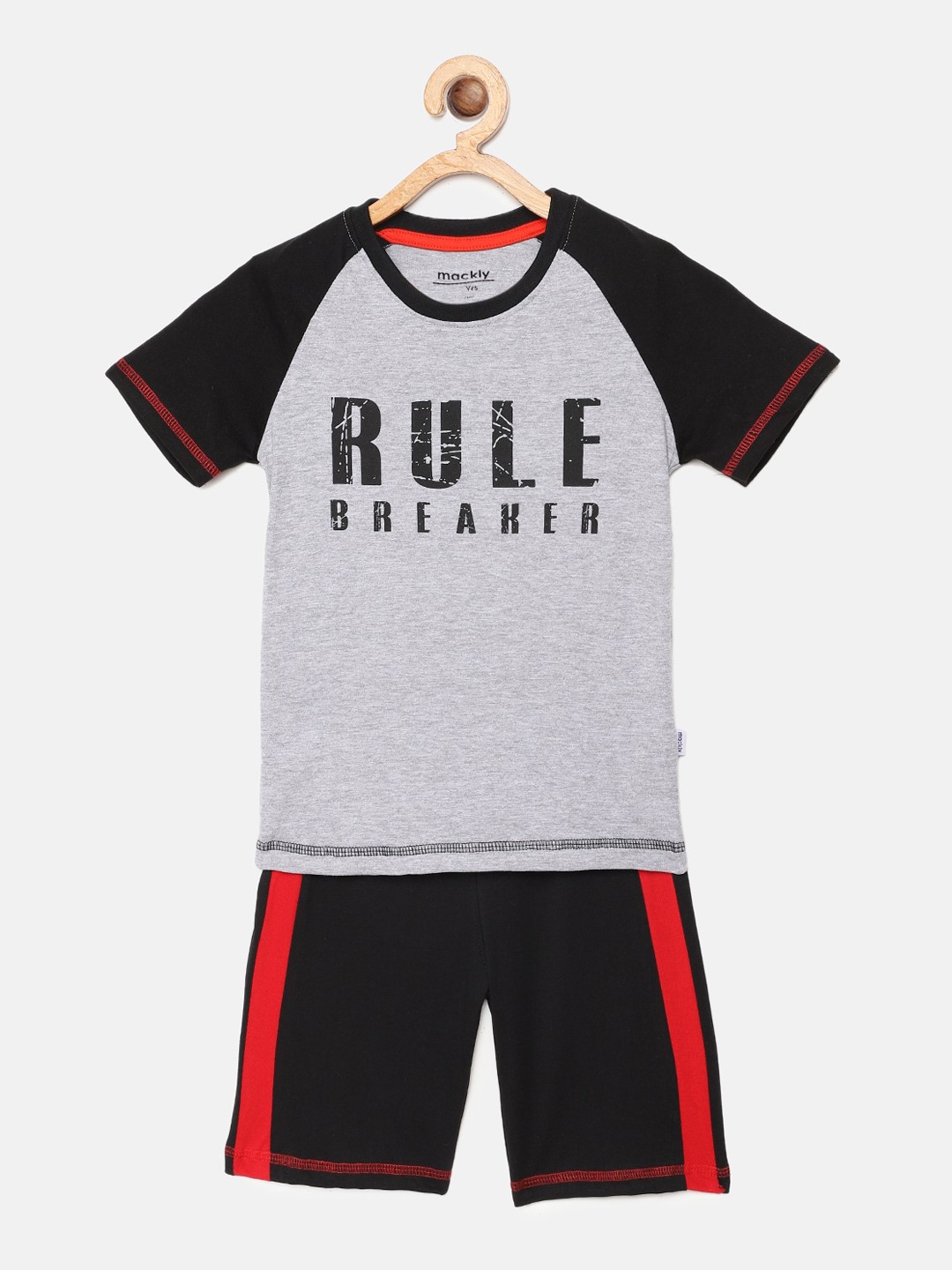

mackly Boys Grey Melange & Black Printed Night suit