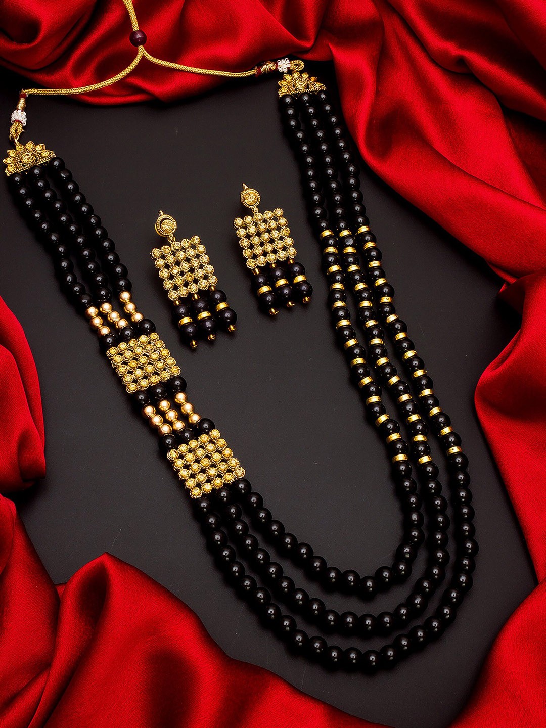 

aadita Gold-Plated Black Pearl-Beaded Layered Jewellery Set