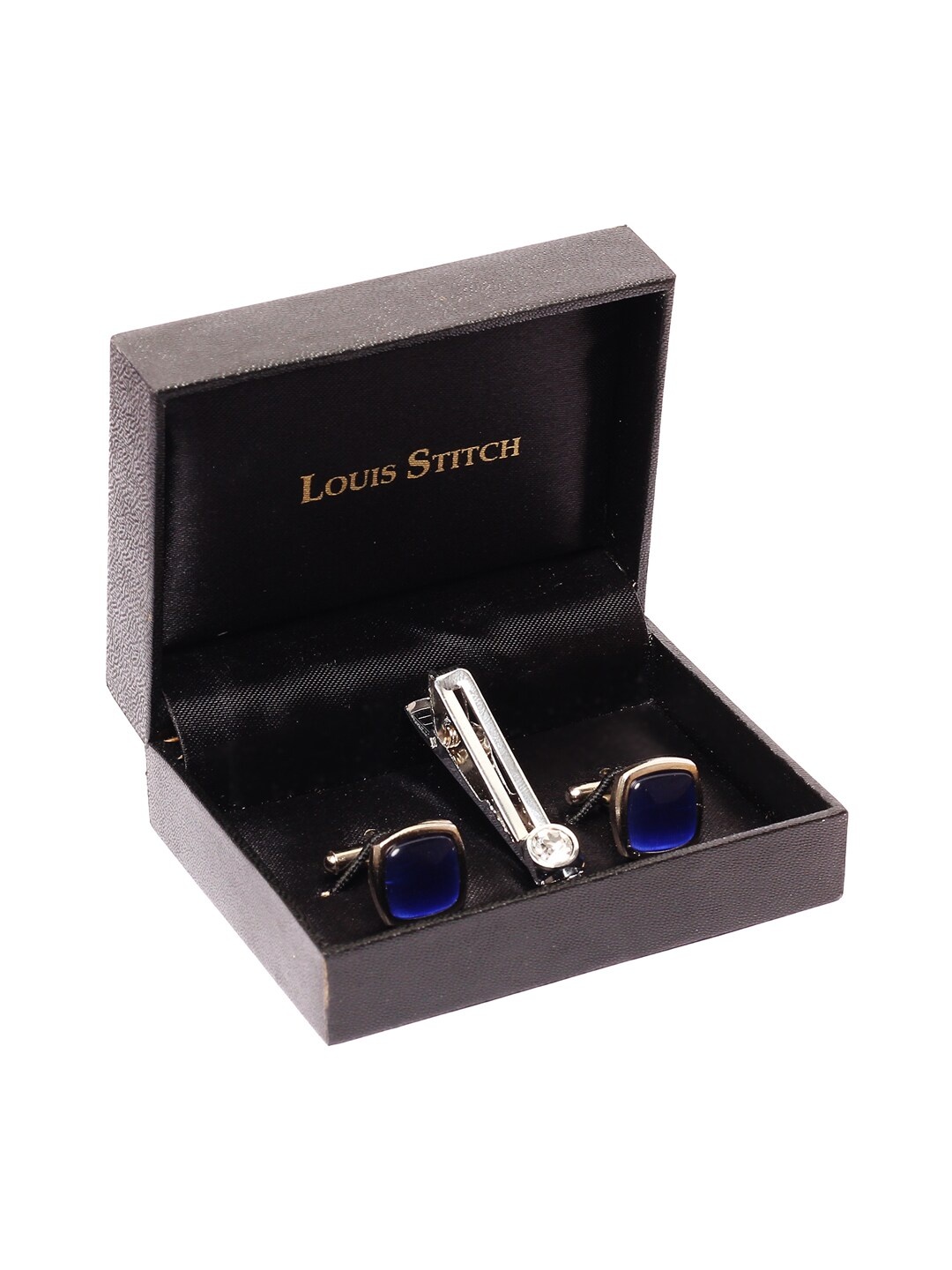 

LOUIS STITCH Men Set of Stone Studded Tie Pin & Cufflinks, Blue