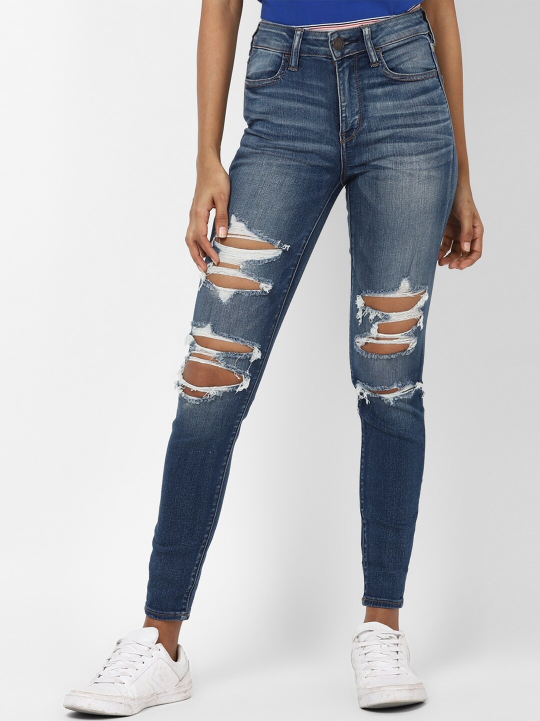 

AMERICAN EAGLE OUTFITTERS Women Blue Ribbed High-Waisted Jegging