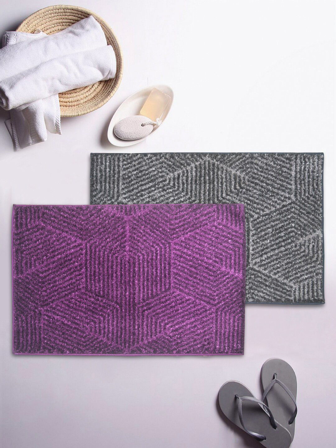 

BIANCA Set Of 2 Printed Microfibre Anti-Slip Bath Rugs, Purple