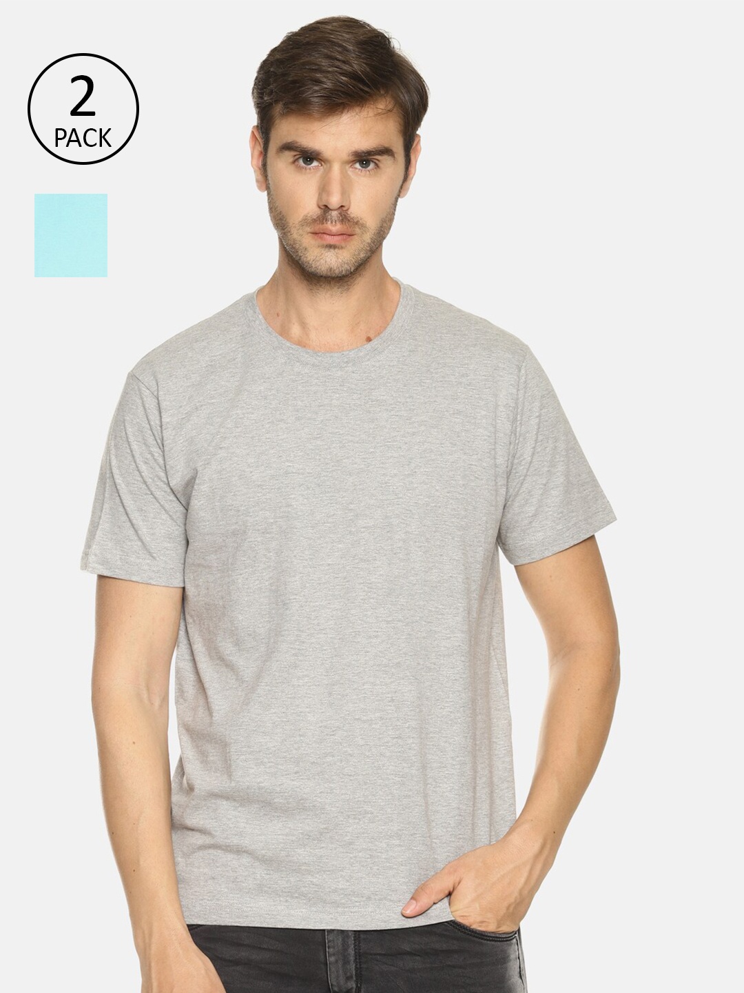 

OBOW Men Pack of 2 Pure Cotton Solid Round Neck Pure Cotton T-shirts, Grey melange