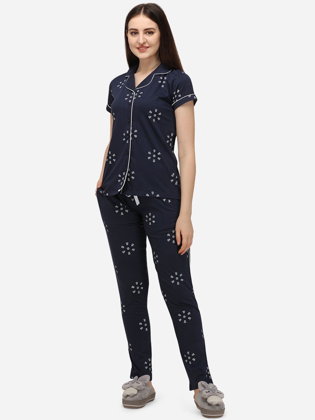 

Lenissa Women Navy Blue & White Printed Pyjama Set