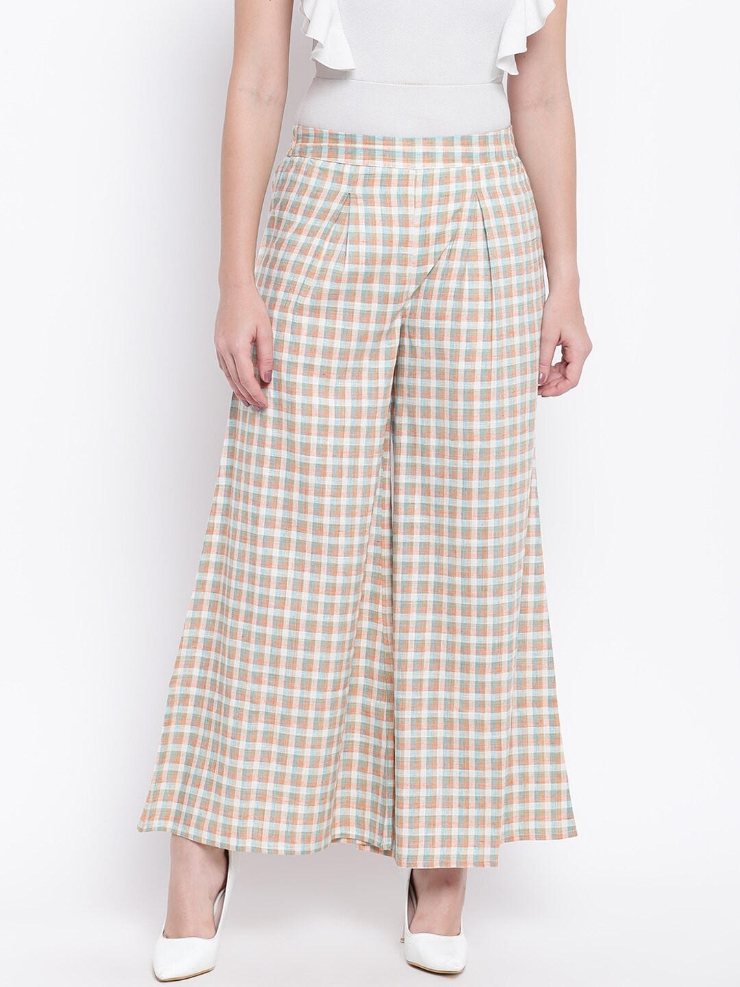 Be Indi Women Peach Coloured & White Checked Wide Leg Palazzos