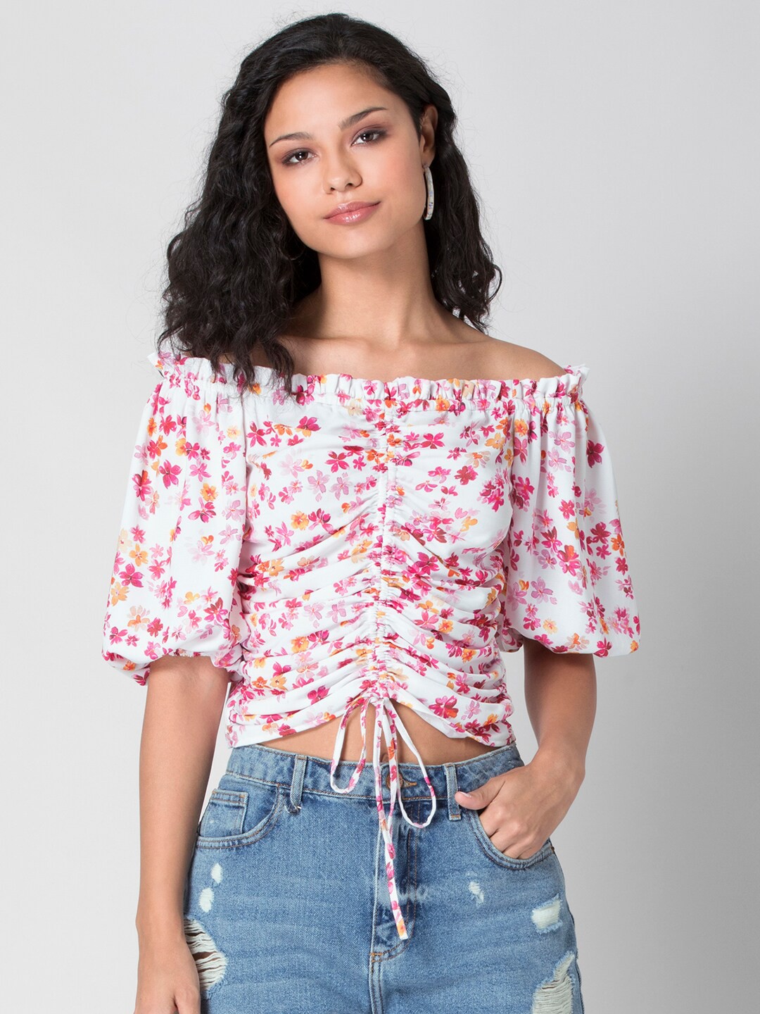 

FabAlley White Floral Off-Shoulder Georgette Bardot Crop Top