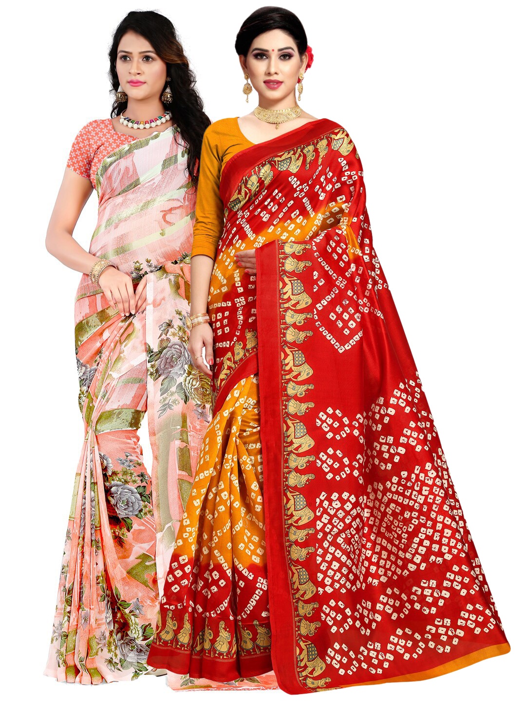 

KALINI Pack of 2 Peach & Red Ethnic Motifs Poly Georgette Saree