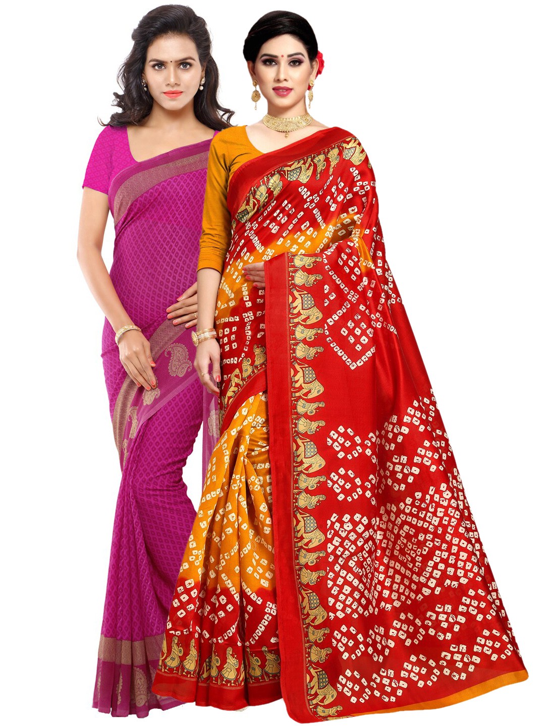 

KALINI Pack Of 2 Pink & Red Ethnic Motifs Zari Sarees
