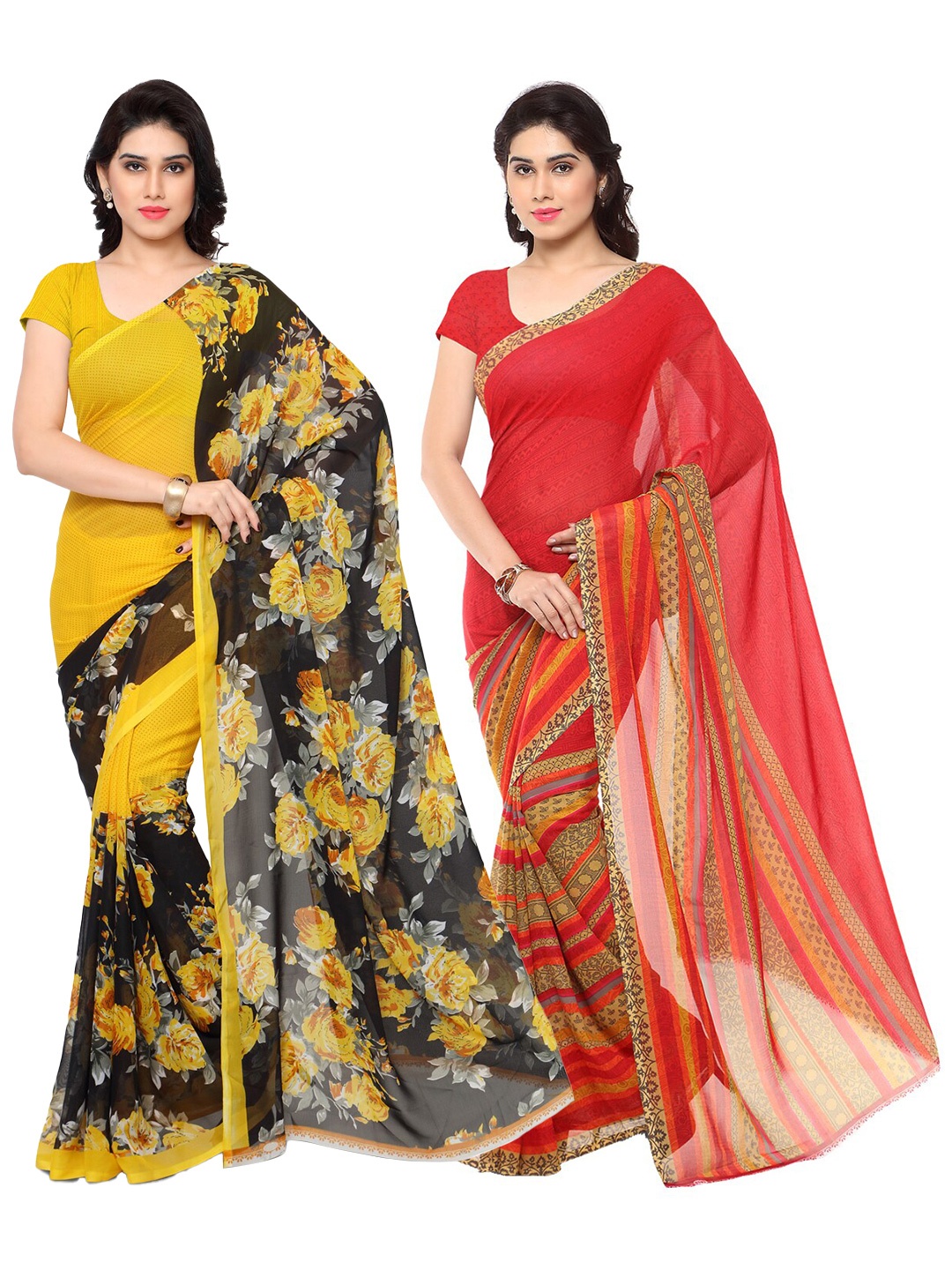 

ANAND SAREES Pack of 2 Yellow & Red Floral Poly Georgette Saree