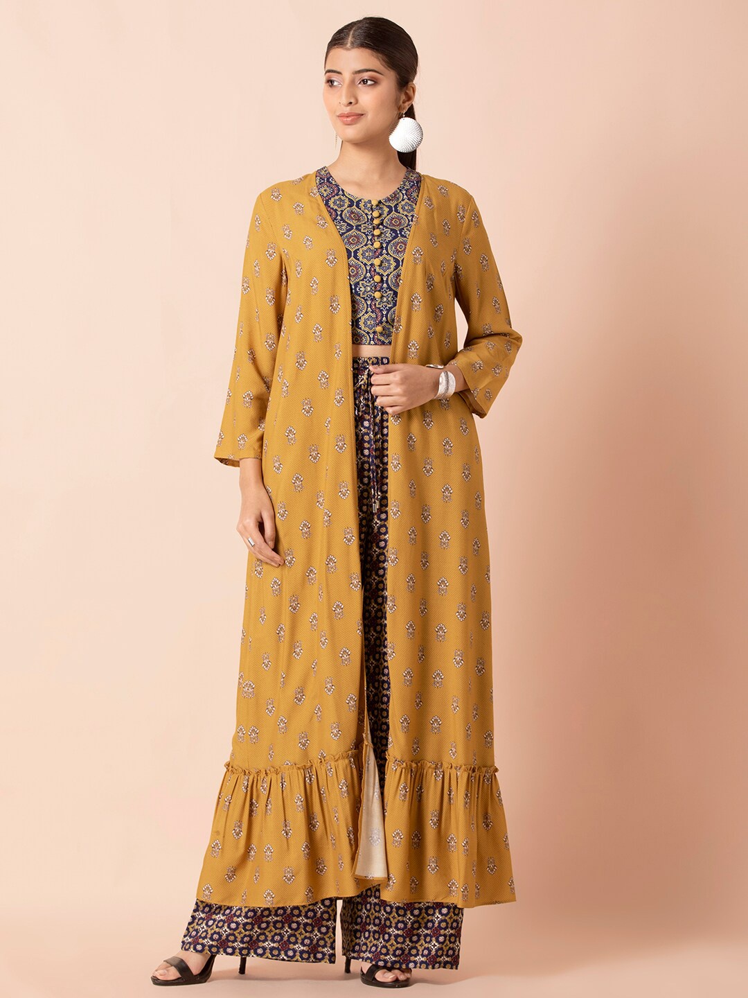 INDYA Women Yellow & White Mustard Floral Frilled Maxi Jacket