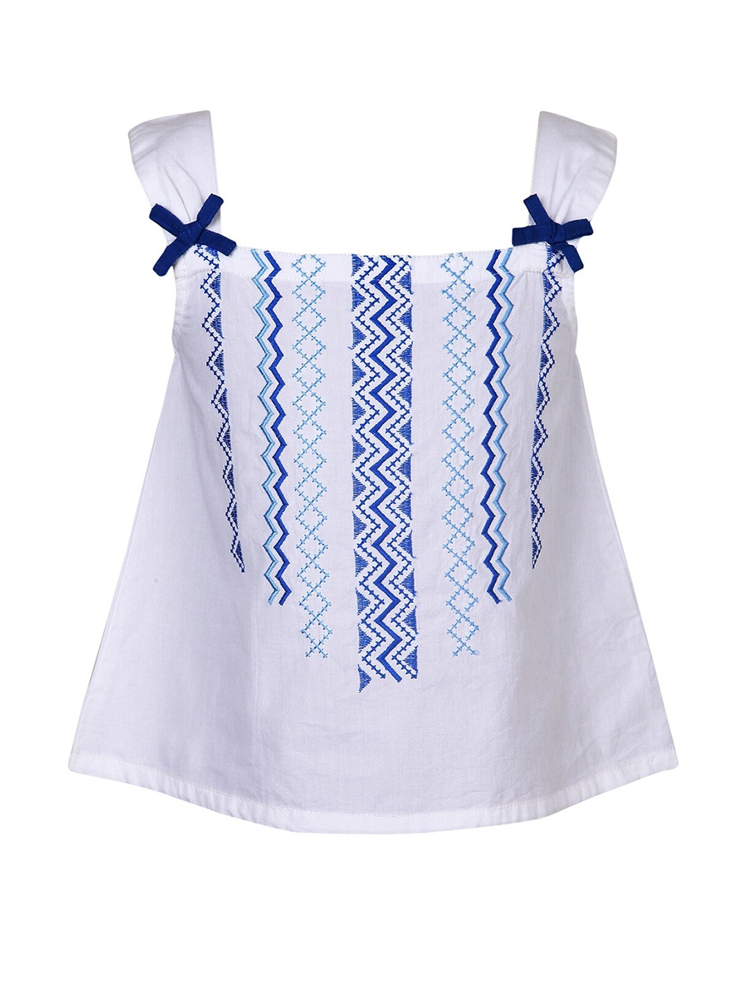 

Miyo White & Blue Geometric Embroidered Regular Cotton Top