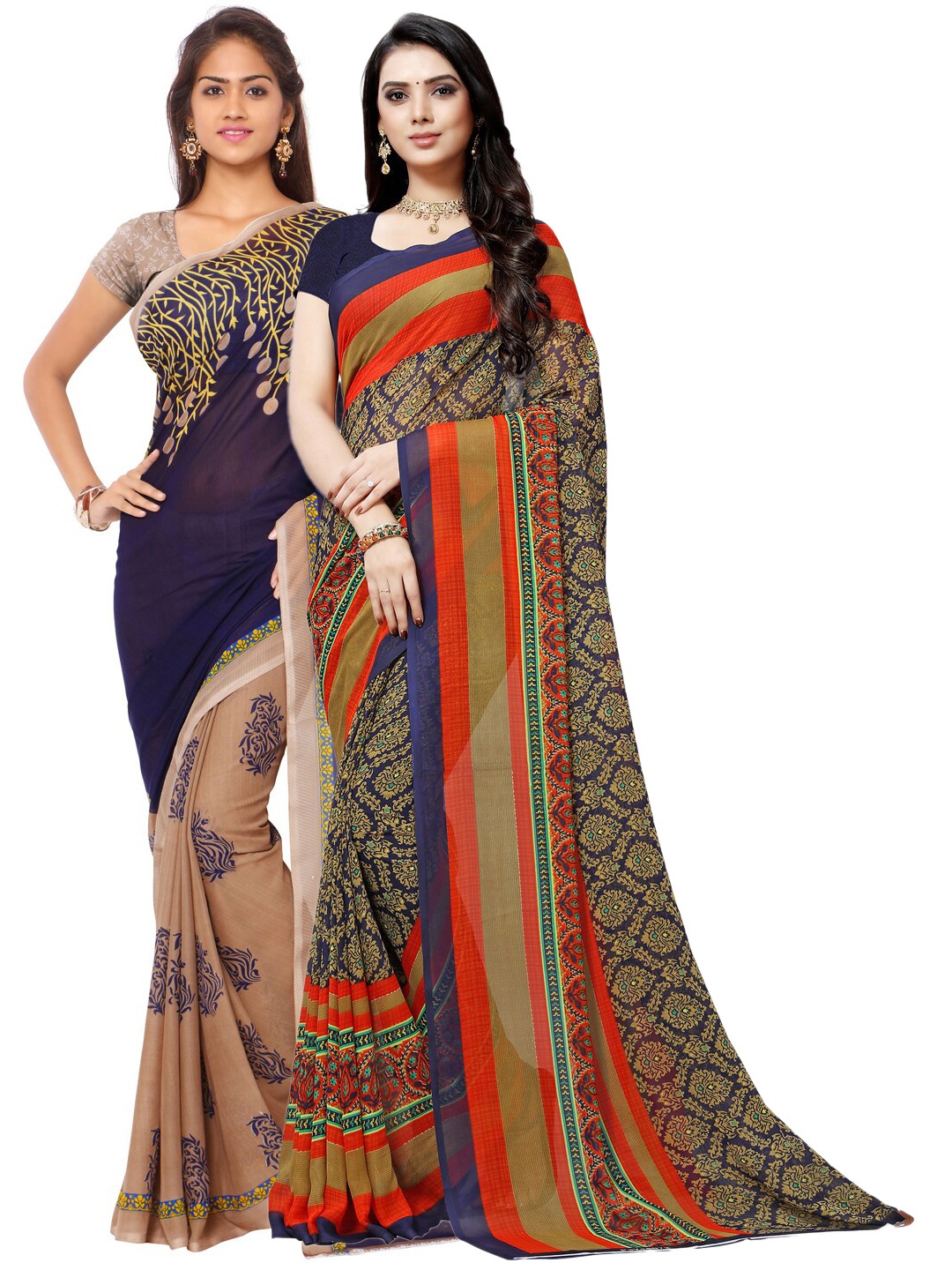 

ANAND SAREES Navy Blue & Red Set of 2 Poly Georgette Saree