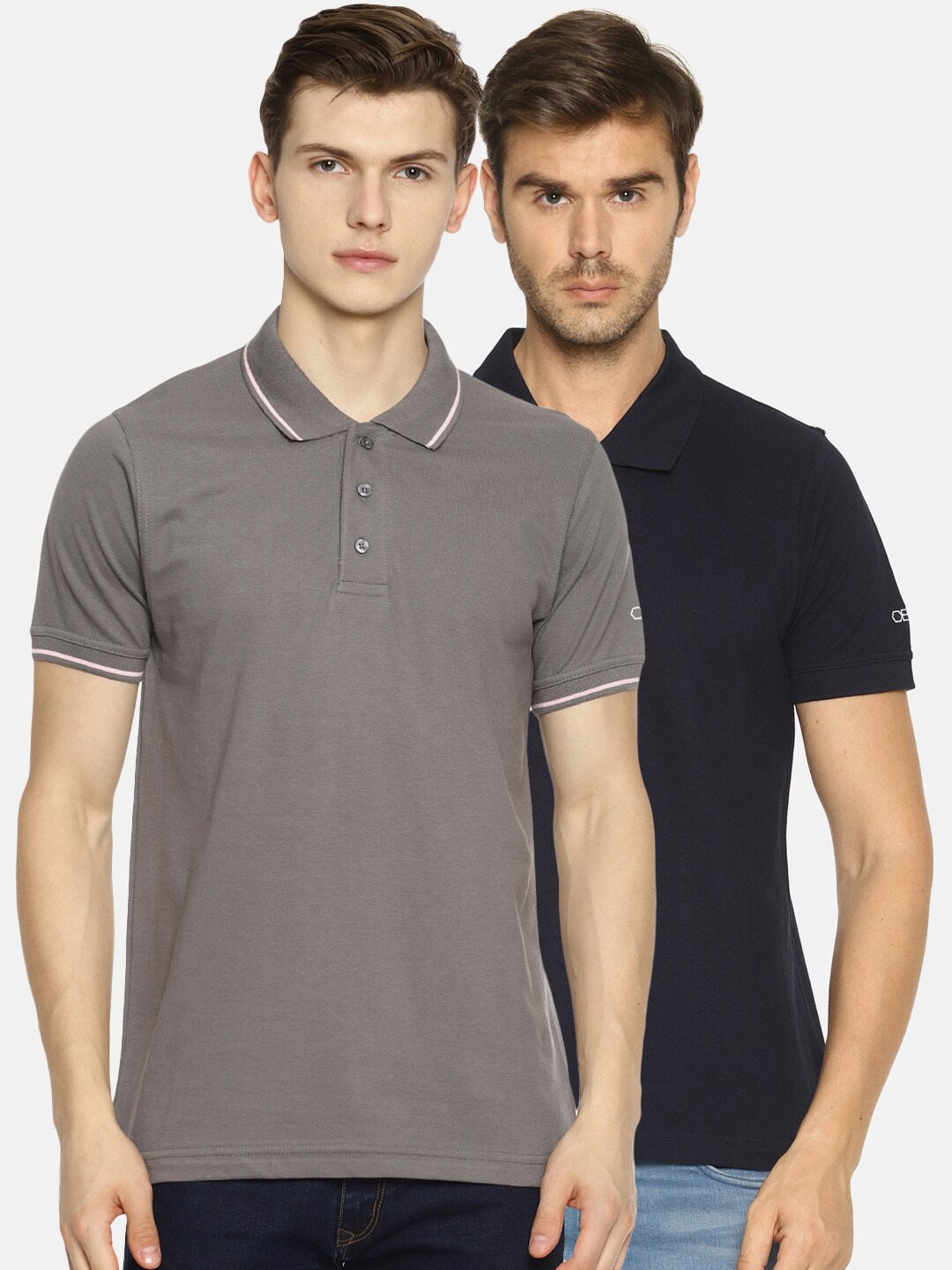 

OBOW Men Set of 2 Navy Blue & Taupe Polo Collar T-shirt