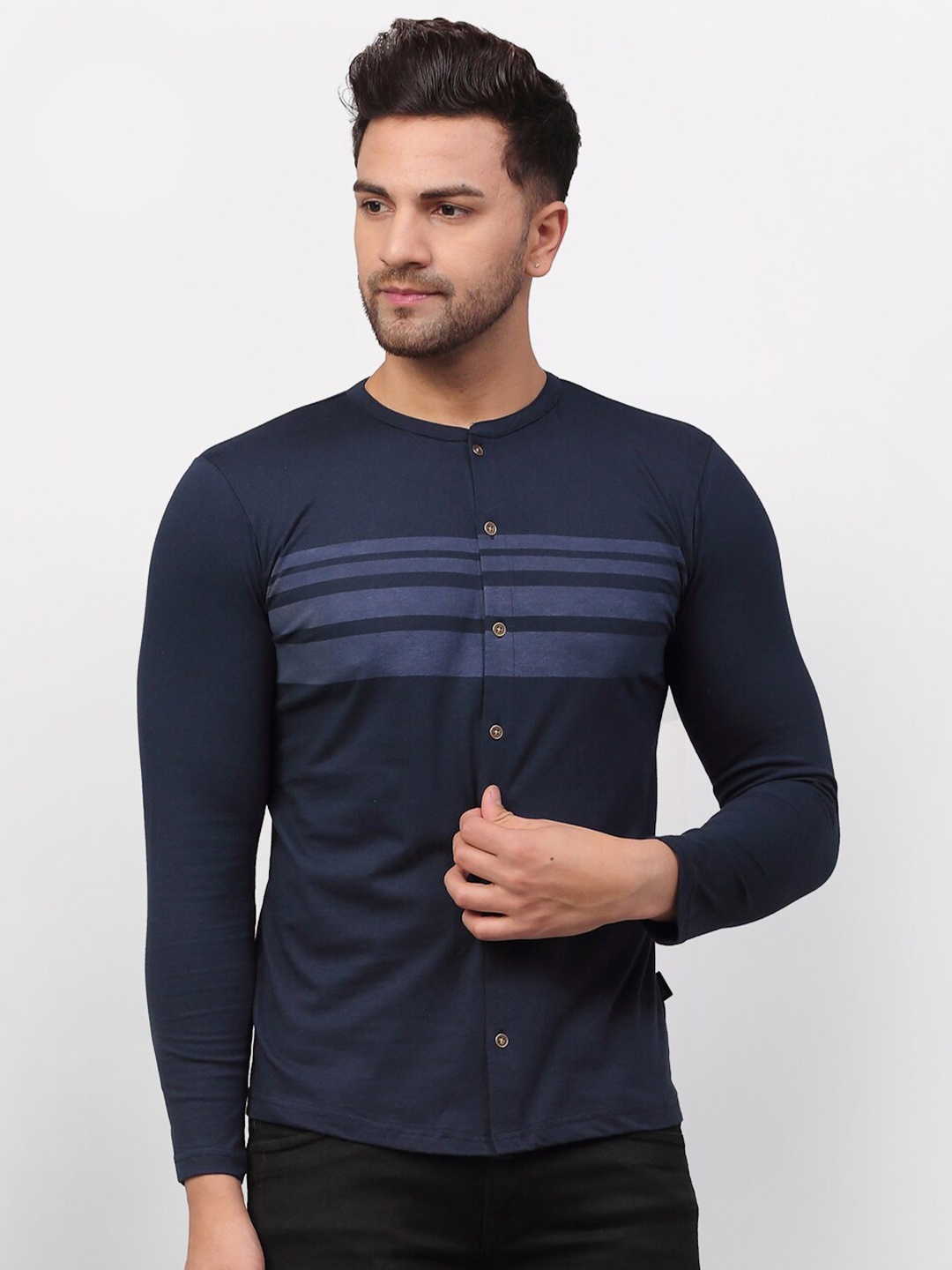 

Rigo Men Navy Blue Striped Henley Neck Slim Fit T-shirt