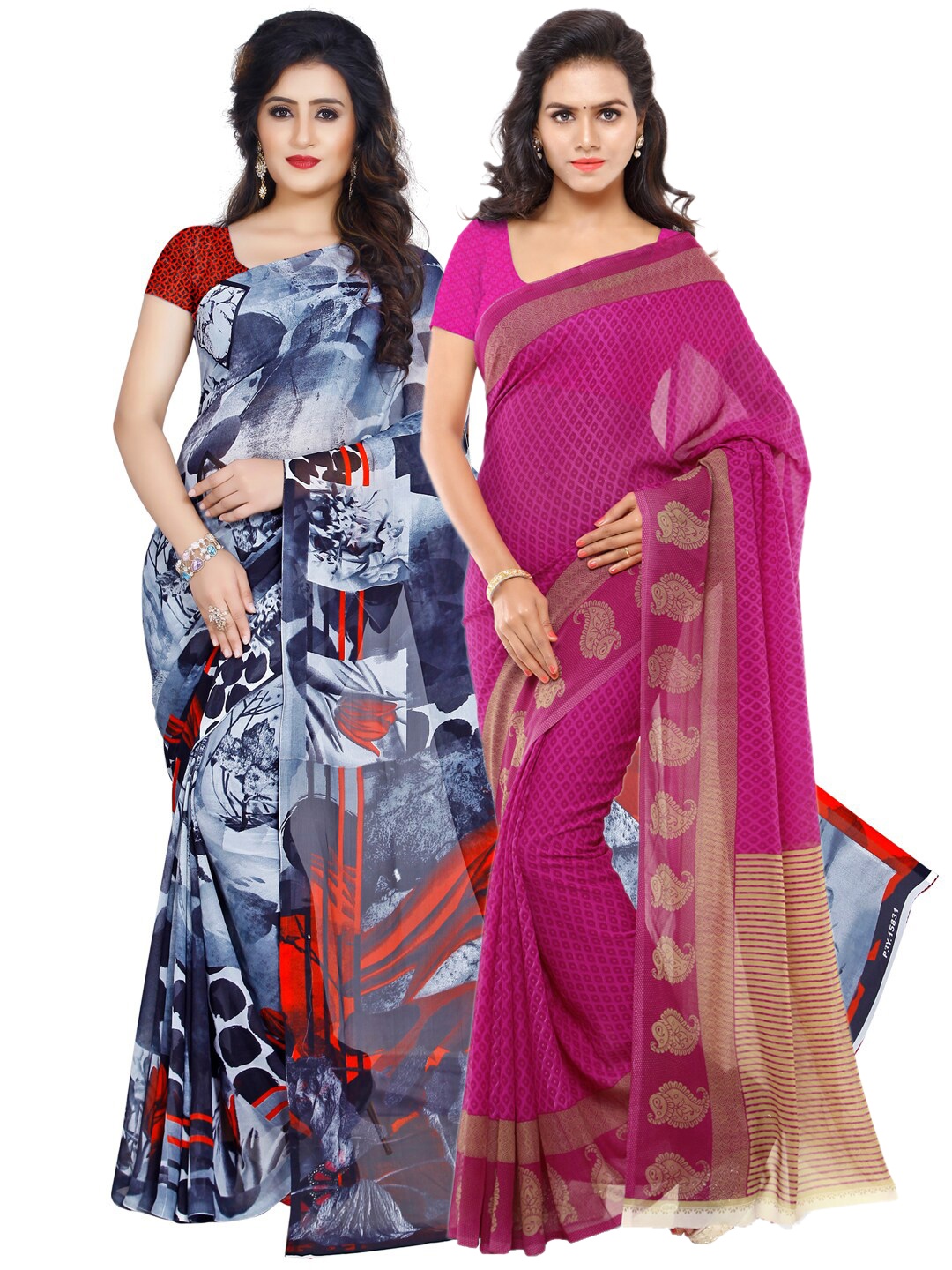 ANAND SAREES Pack Of 2 Blue & Red Floral Sarees