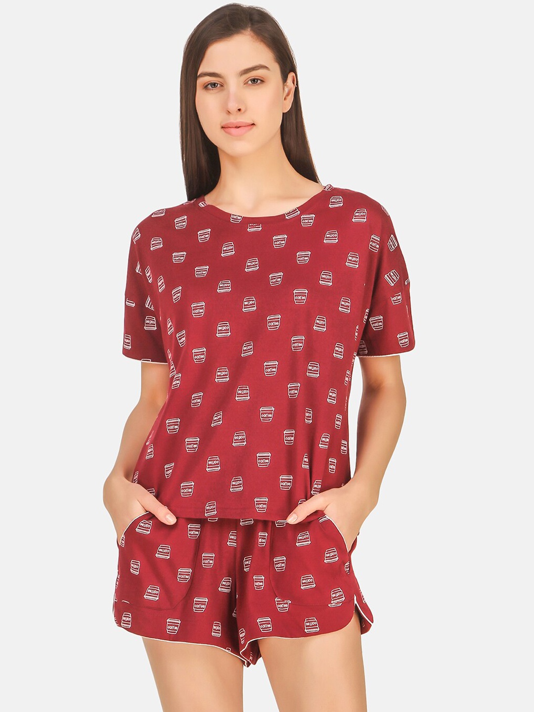 

Masha Women Maroon & White Printed Night suit