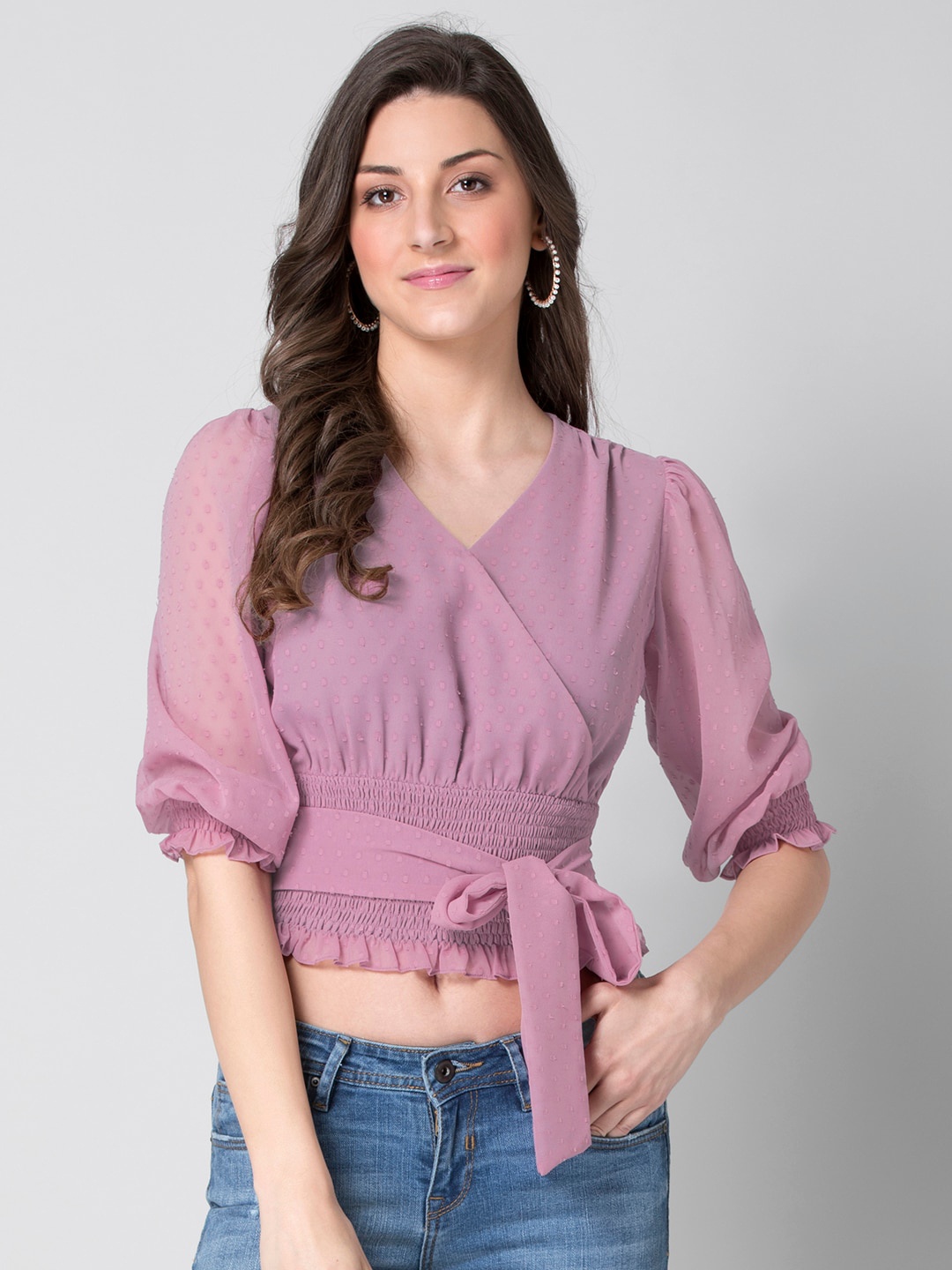 

FabAlley Lilac Swiss Dot Belted Wrap Crop Top, Purple