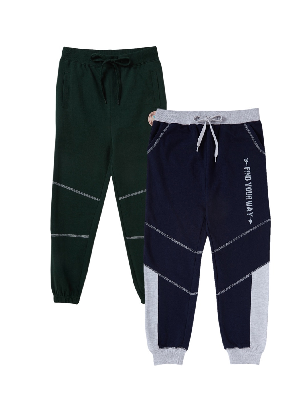 

Cub McPaws Boys Pack Of 2 Green & Navy Blue Solid Cotton Straight-Fit Joggers