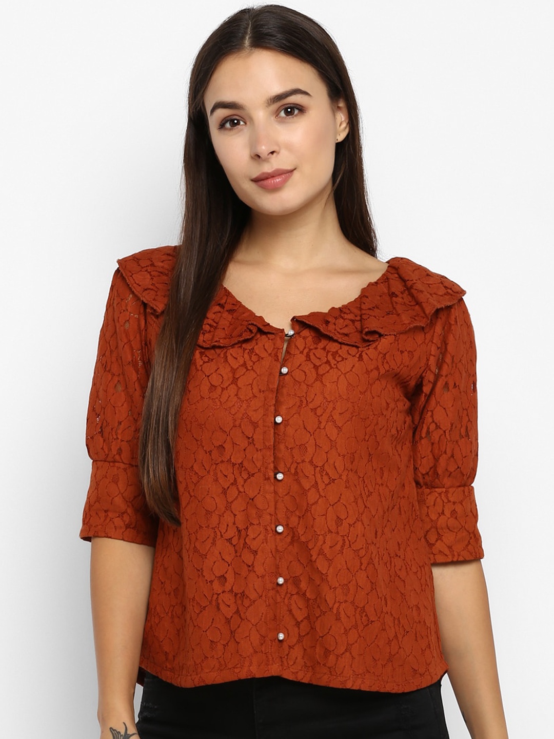 

DEEBACO Women Rust Brown Lace Casual Shirt