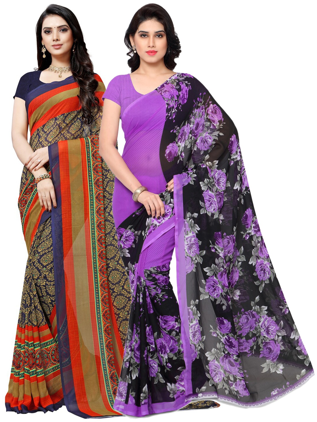 

ANAND SAREES Pack Of 2 Blue & Purple Poly Georgette Sarees