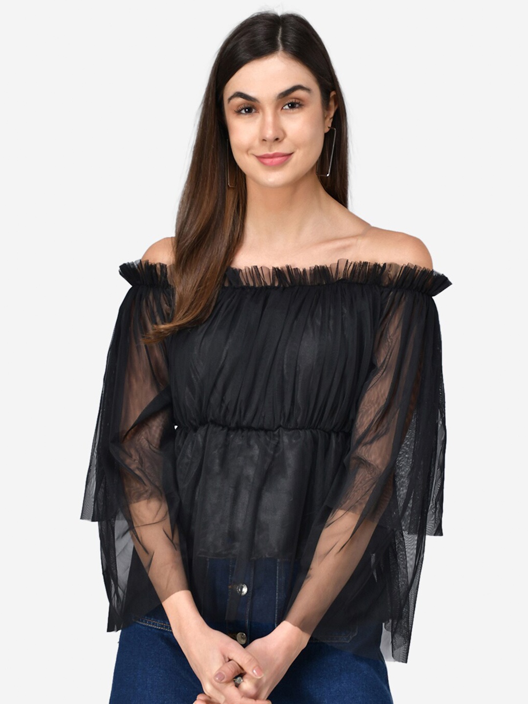 

Darzi Black Off-Shoulder Net Bardot Top