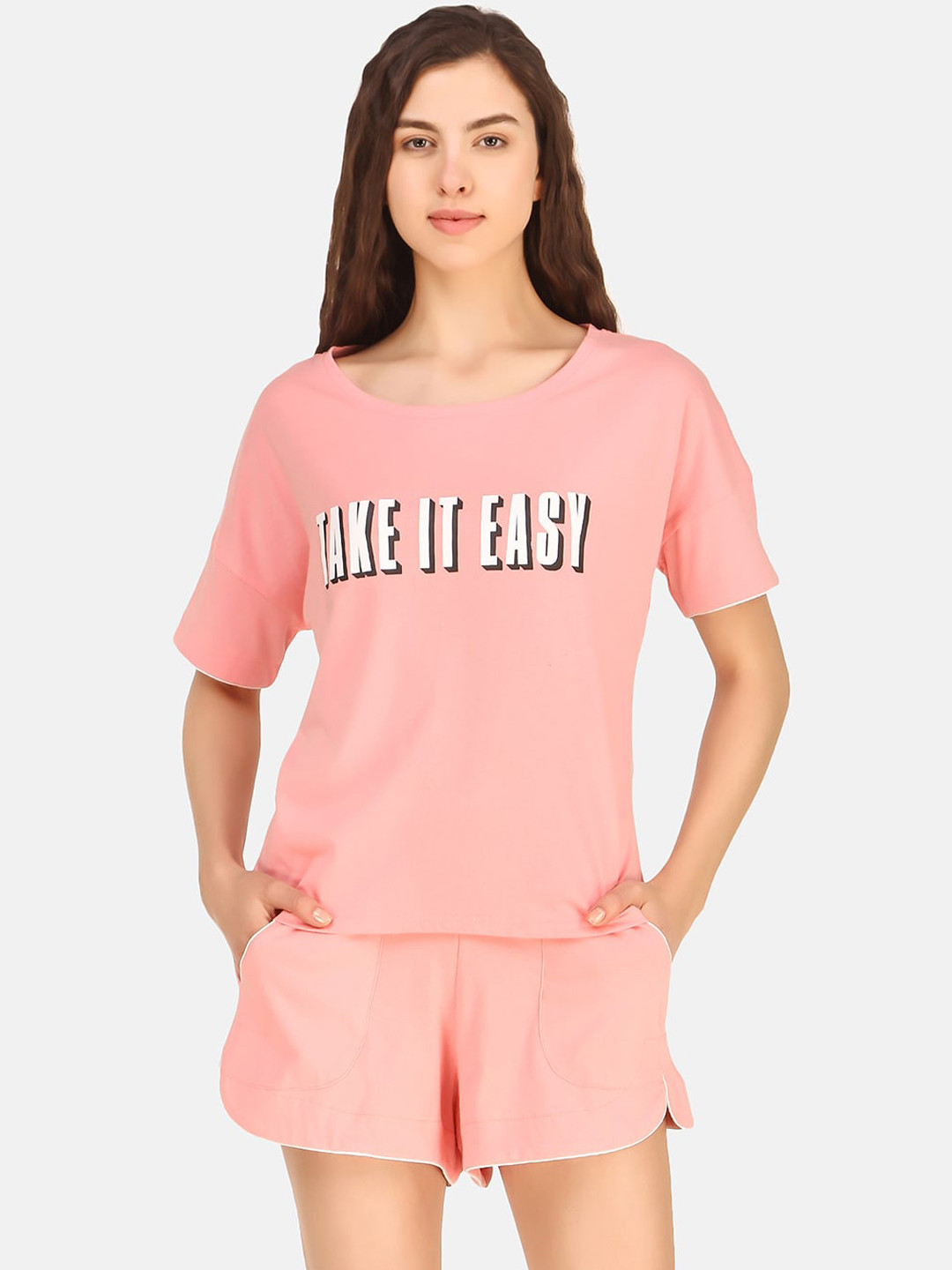 

Masha Women Pink & White Take It Eazy Printed Night suit