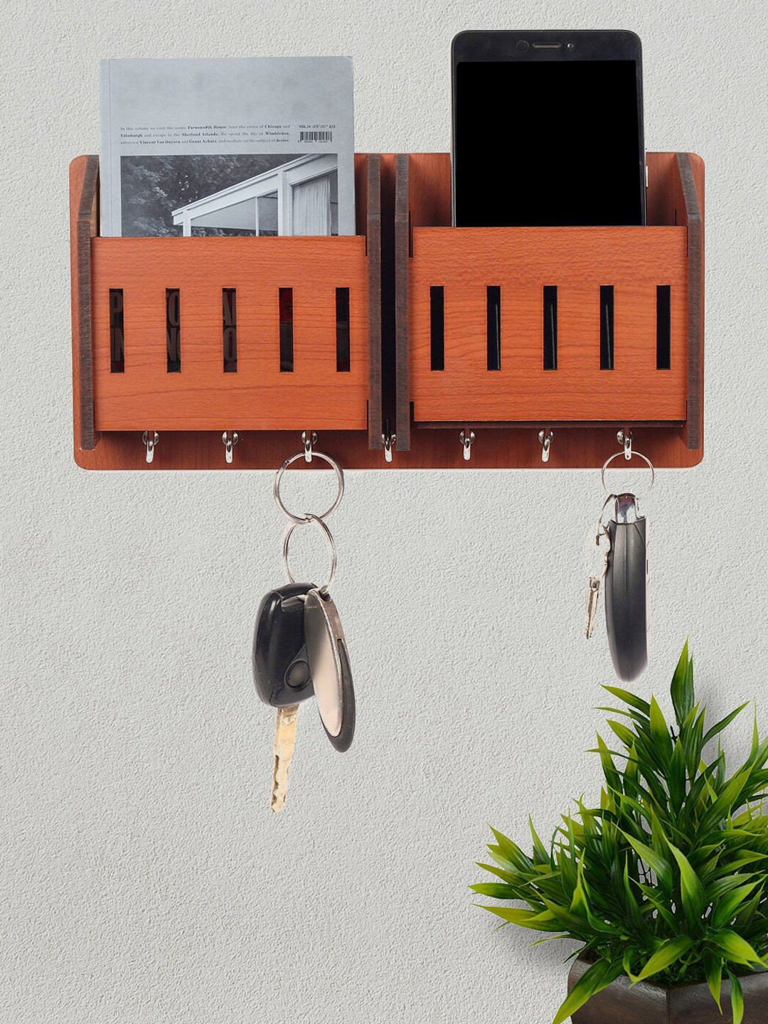 

ROMEE Brown Solid Wooden Key Holder With 2 Mobile & Magazine Organizer