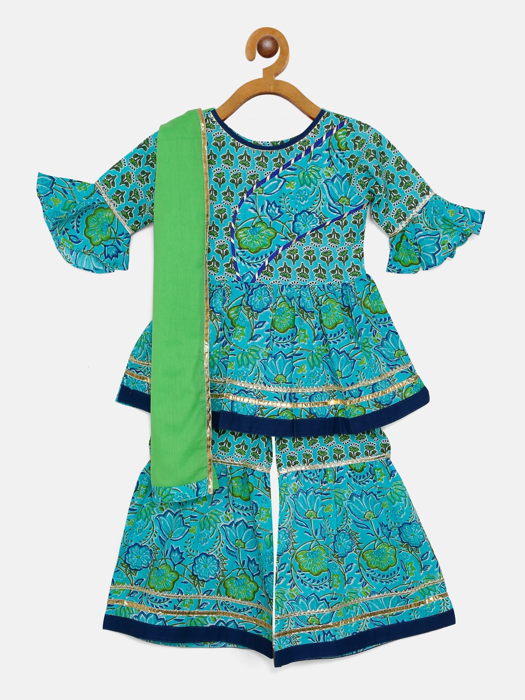 

LIL PITAARA Girls Blue Floral Printed Pure Cotton Kurti with Sharara & With Dupatta