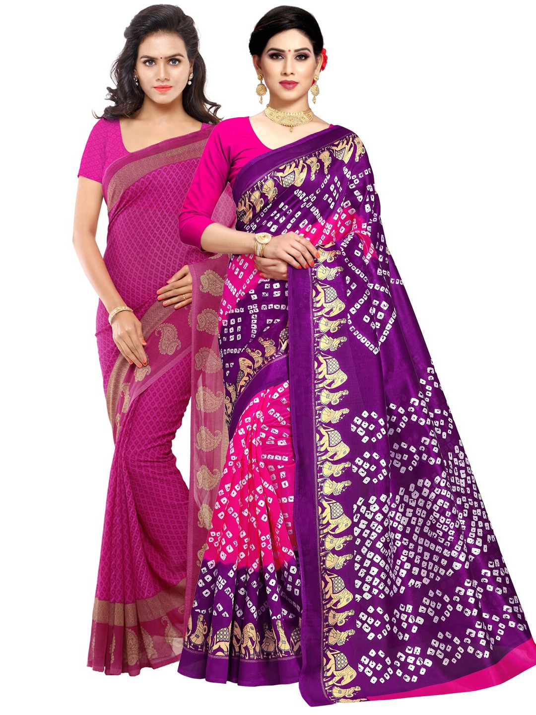 

KALINI Pink & Purple Set of 2 Poly Georgette Saree