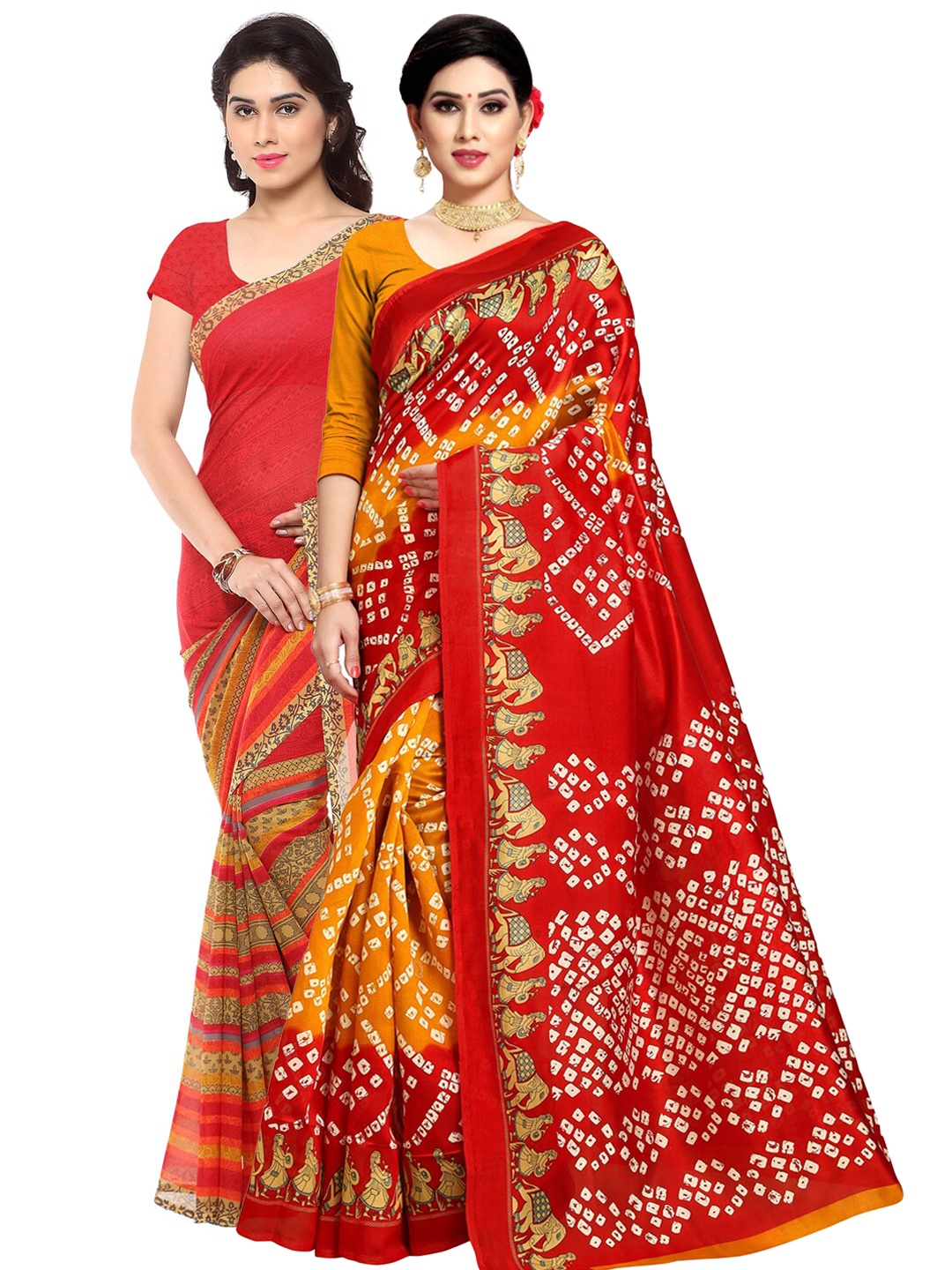 

KALINI Pack of 2 Poly Georgette Sarees, Red