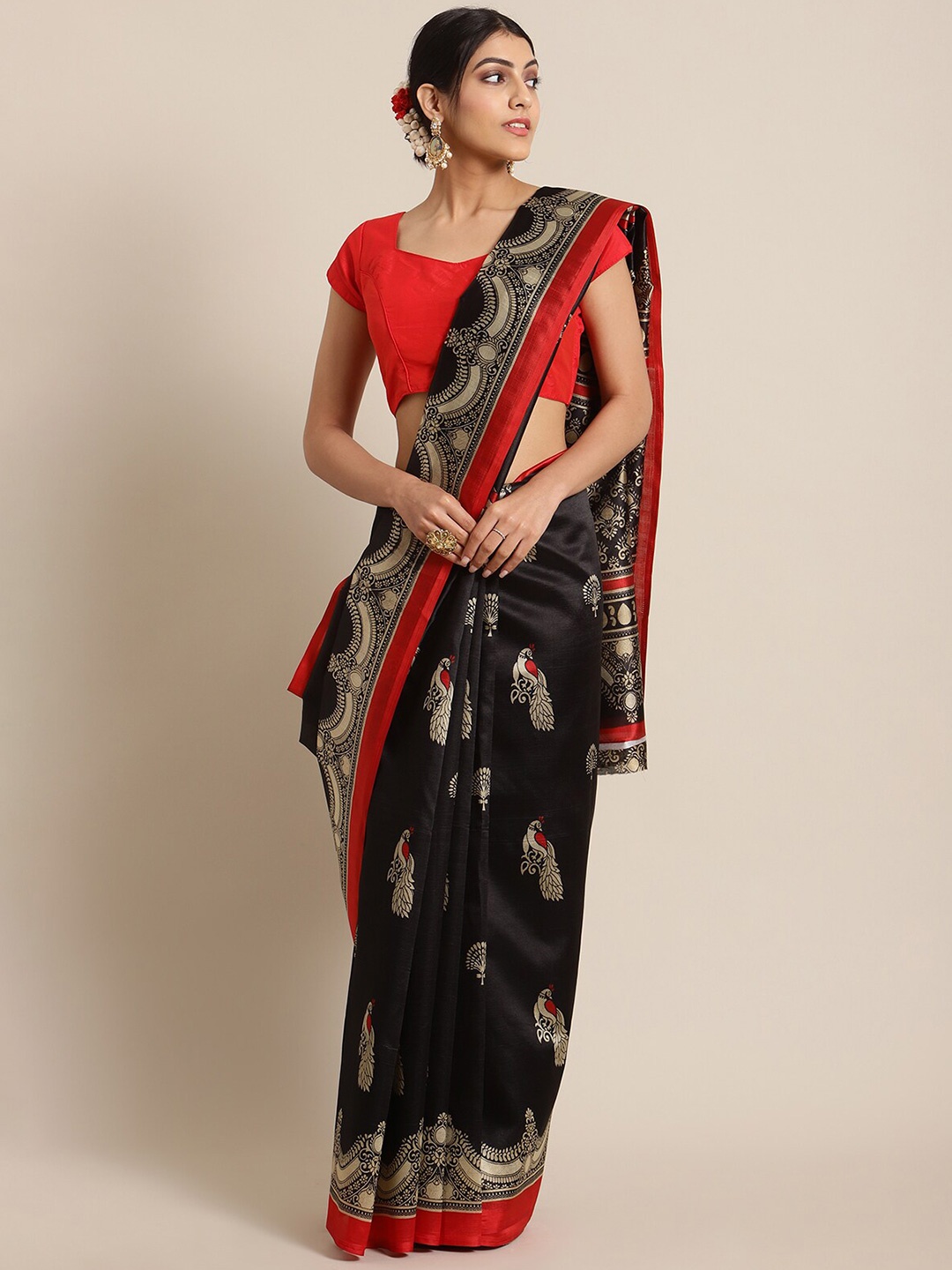 

KSUT Black & Red Ethnic Motifs Art Silk Mysore Silk Saree