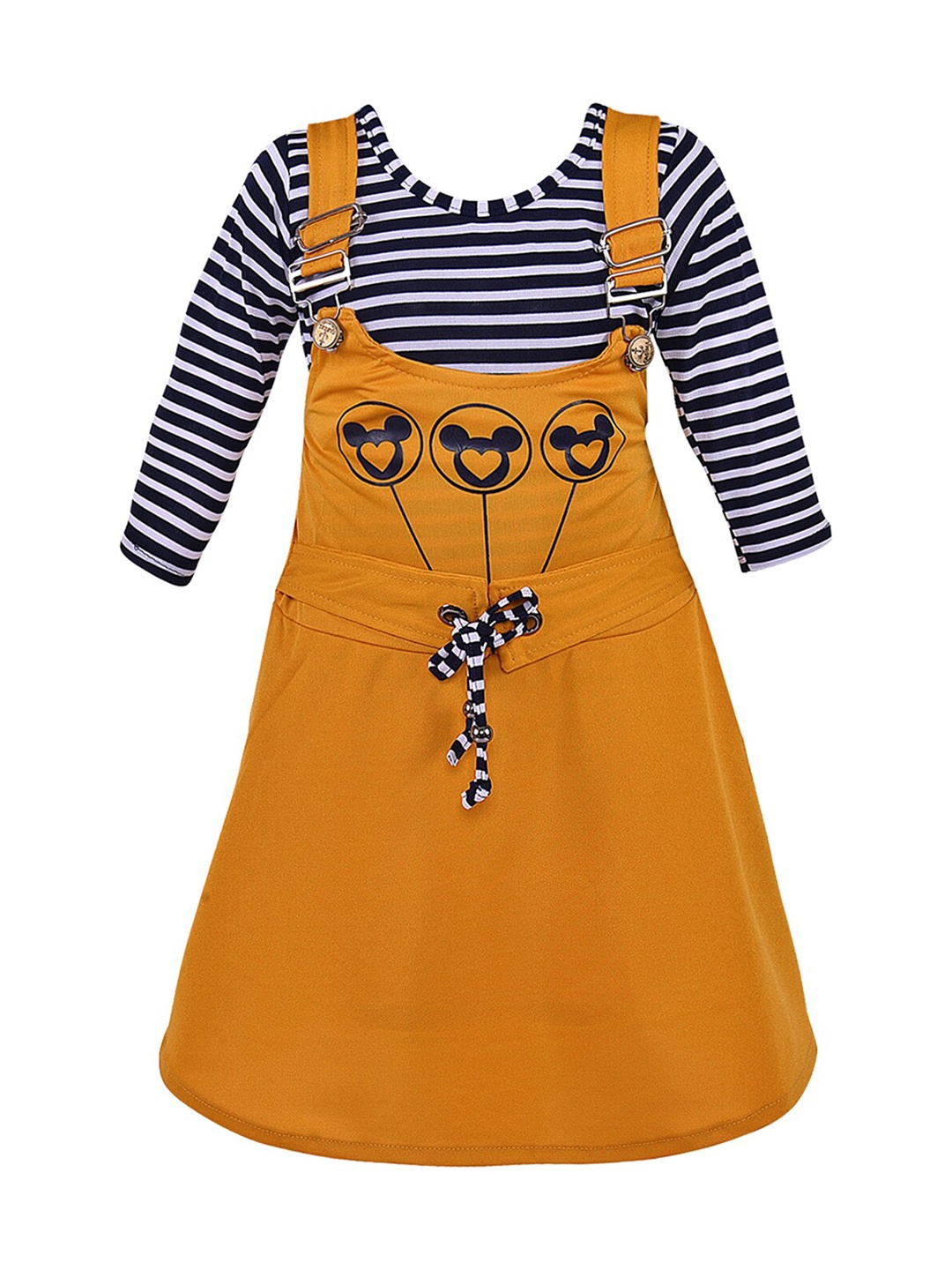 Wish Karo Girls Yellow & Black Striped Top with Jumper Dress