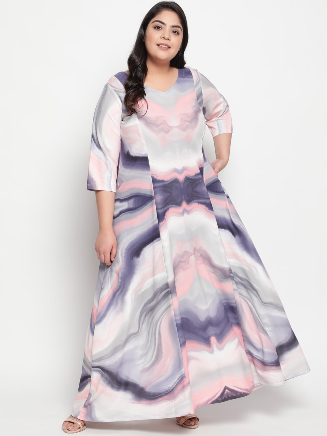 

Amydus Women Plus Size Pink & Grey Marble Printed Maxi Dress