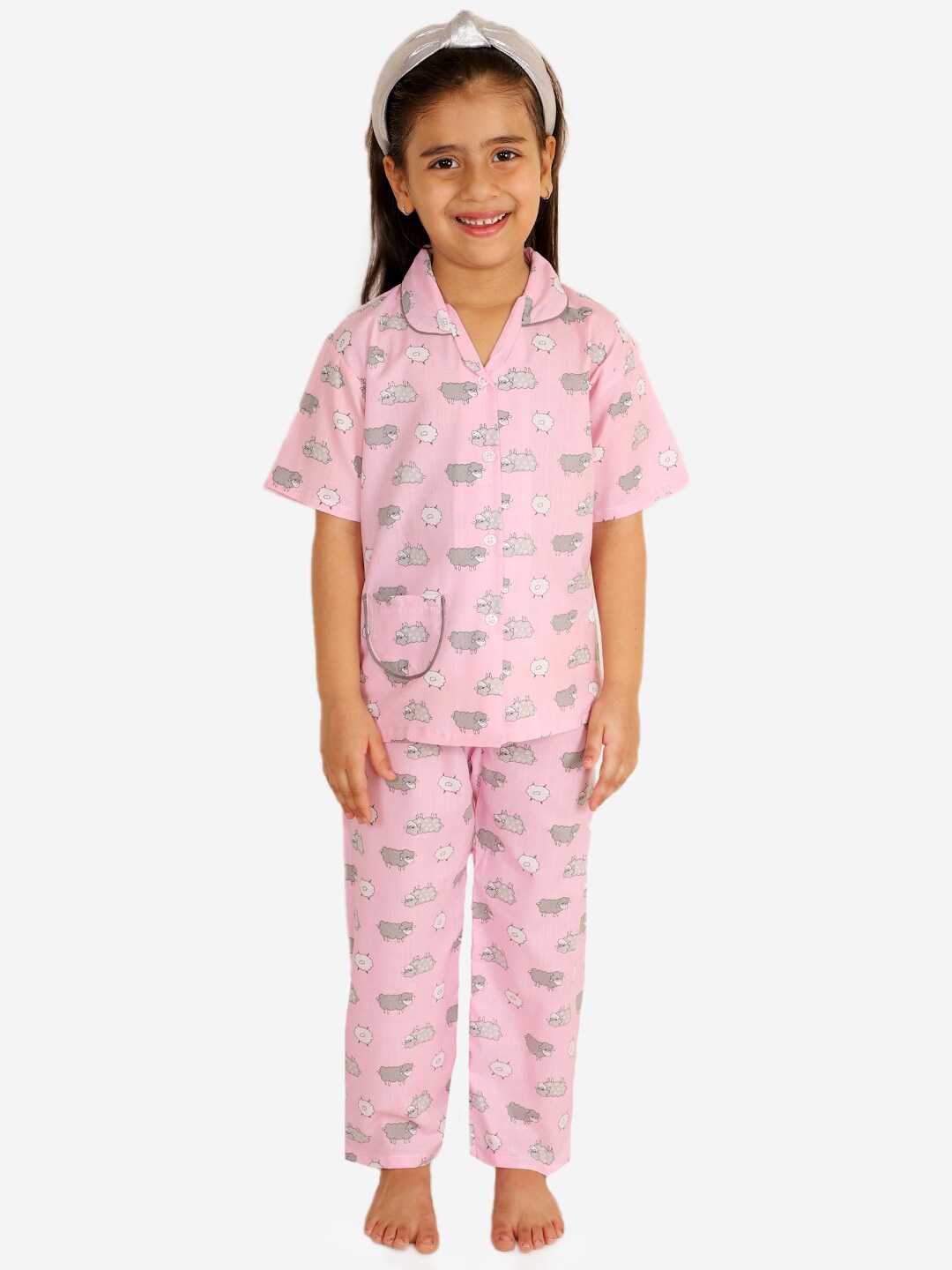 

KID1 Girls Pink & Grey Printed Cotton Night Suit