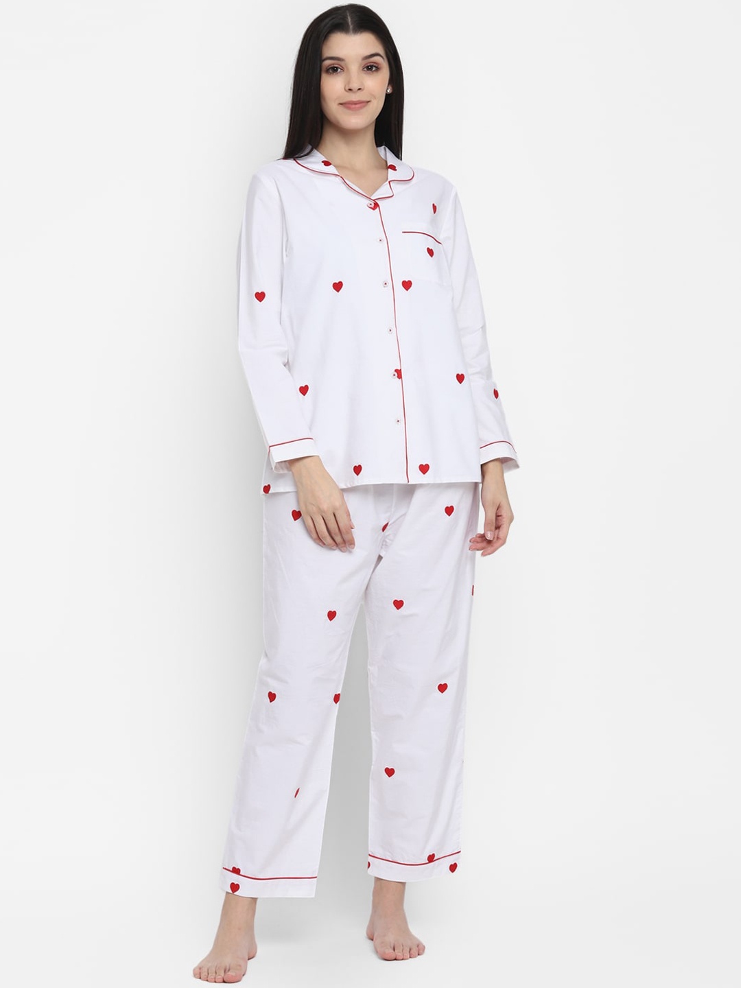 

BLANC9 Women White & Red Printed Night suit