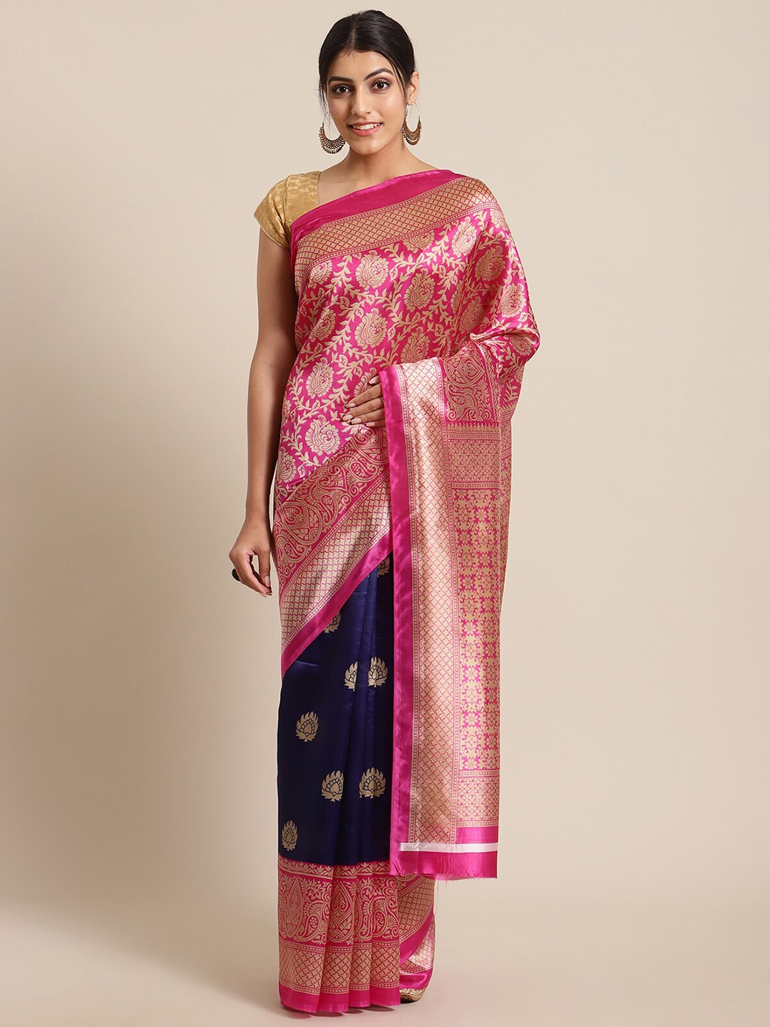 

KSUT Pink & Navy Blue Woven Design Art Silk Saree