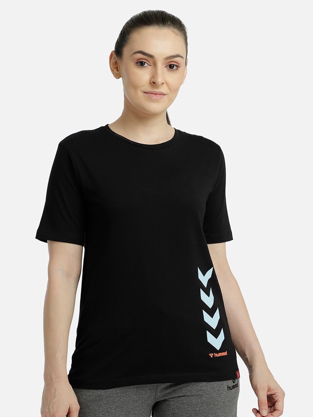 hummel Women Black Printed Cotton Pure Cotton T-shirt
