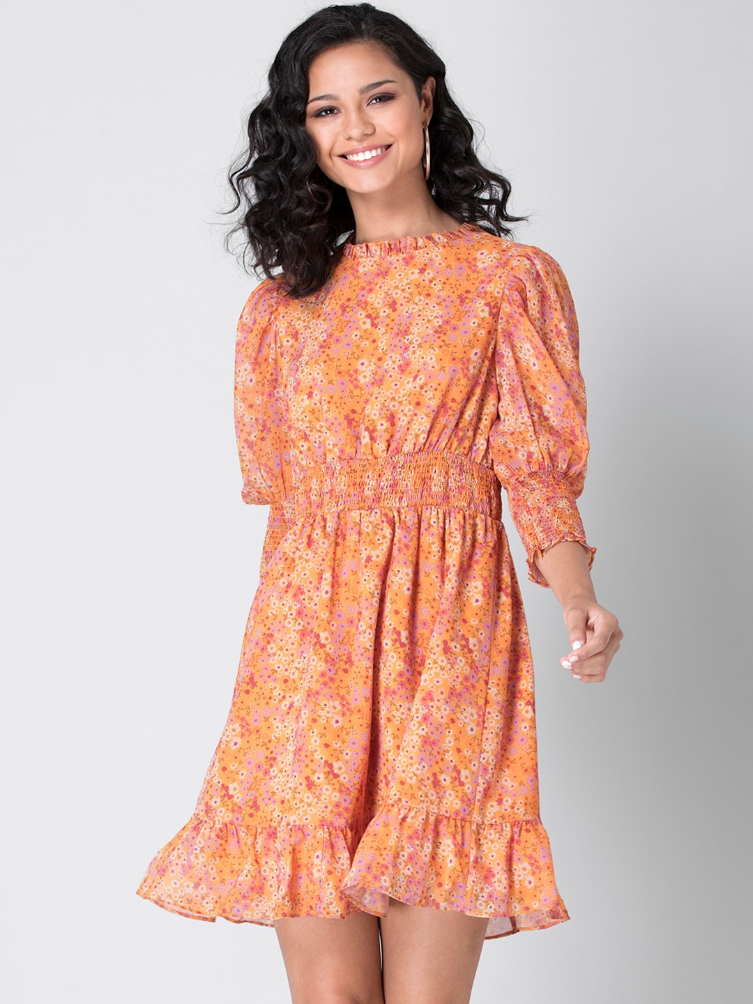 

FabAlley Orange Ditsy Floral Smocked Waist Dress Georgette Dress