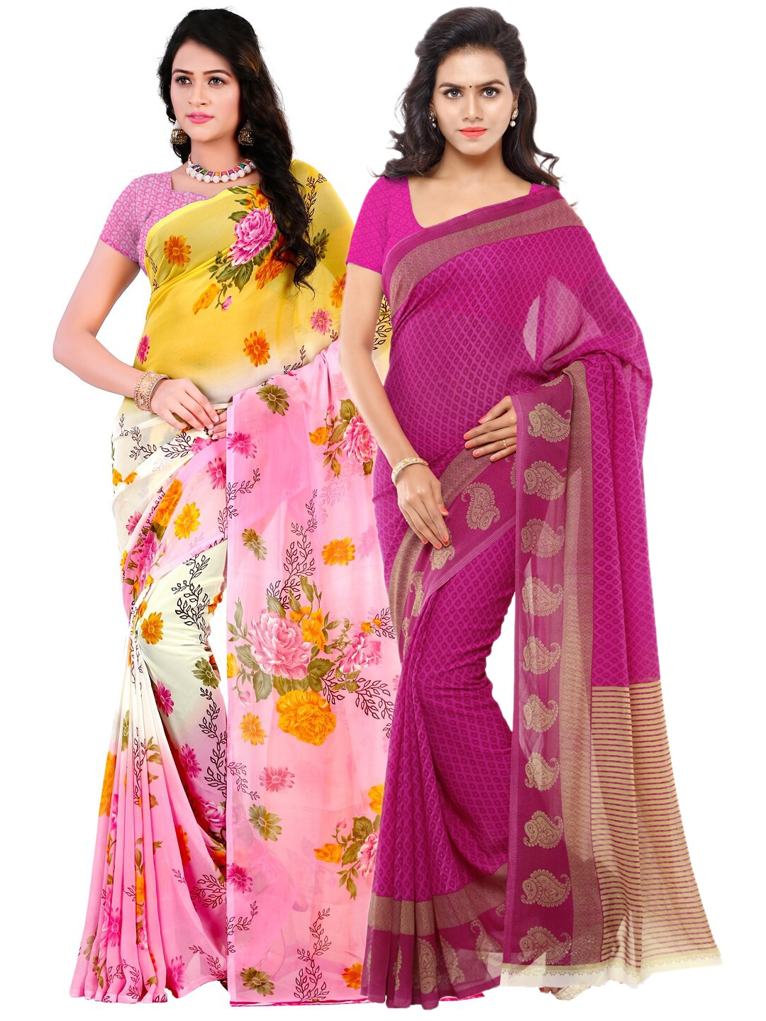 ANAND SAREES Pack Of 2 Purple & Pink Floral Poly Georgette Sarees